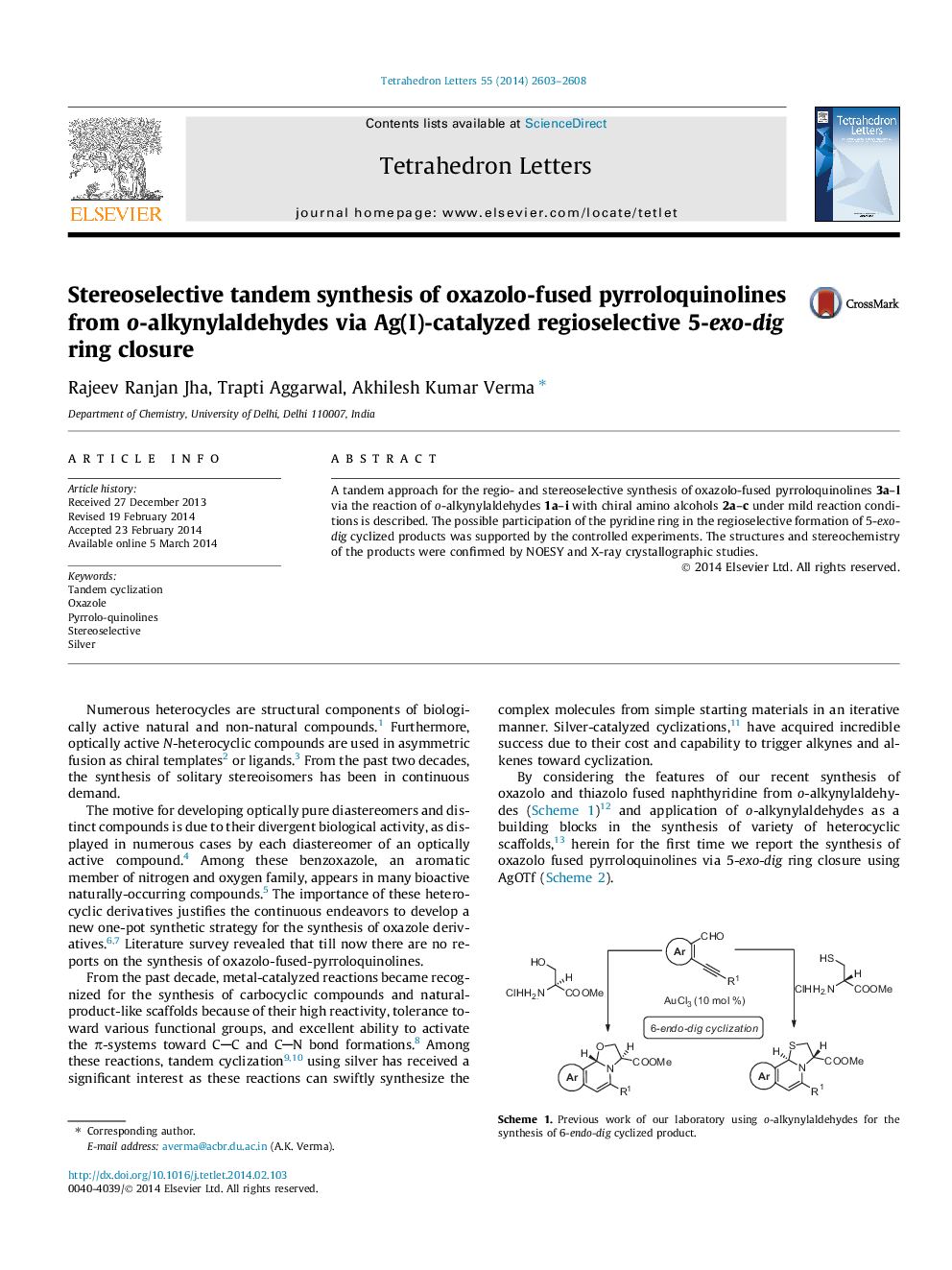 Stereoselective tandem synthesis of oxazolo-fused pyrroloquinolines from o-alkynylaldehydes via Ag(I)-catalyzed regioselective 5-exo-dig ring closure