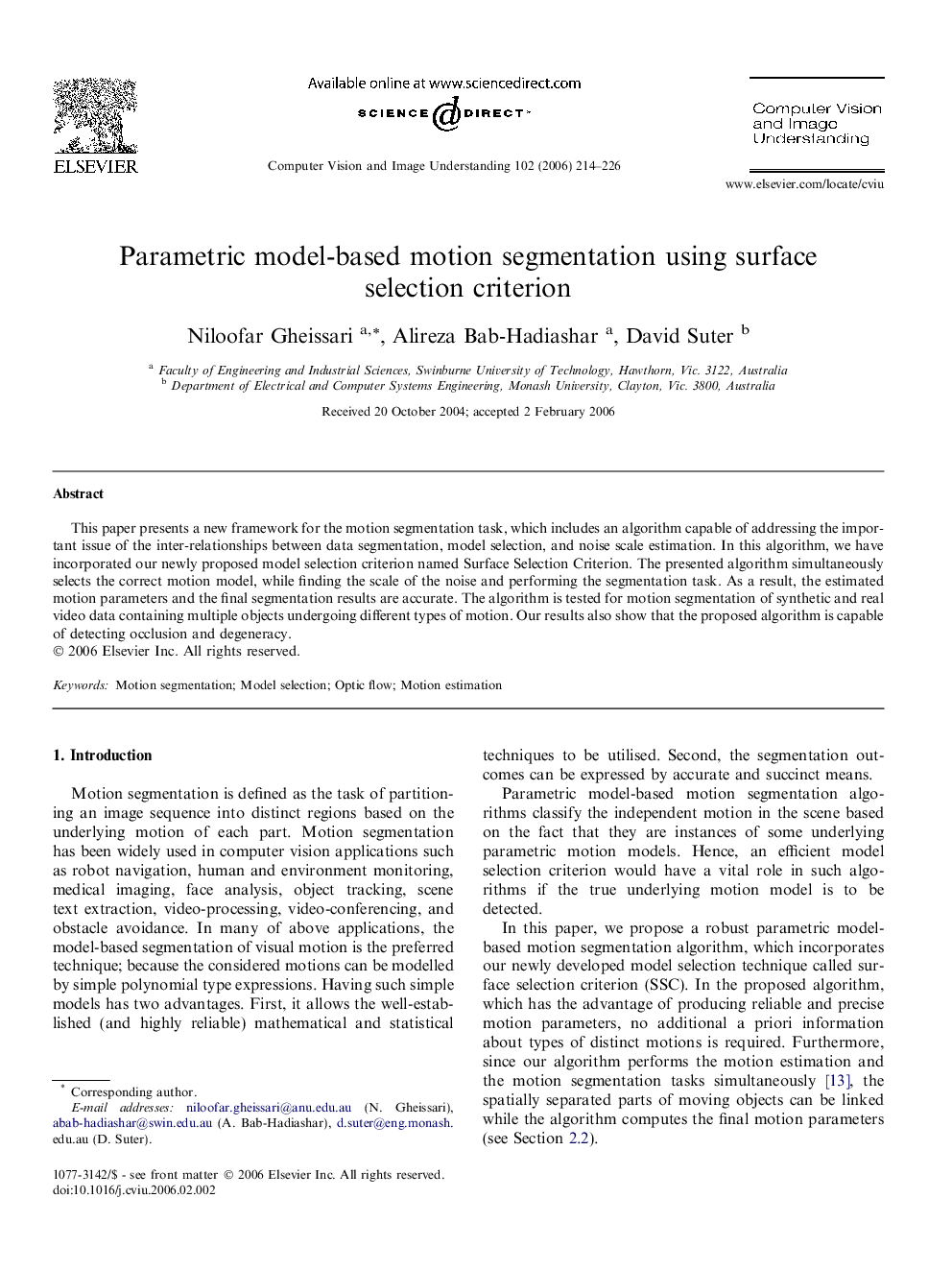 Parametric model-based motion segmentation using surface selection criterion