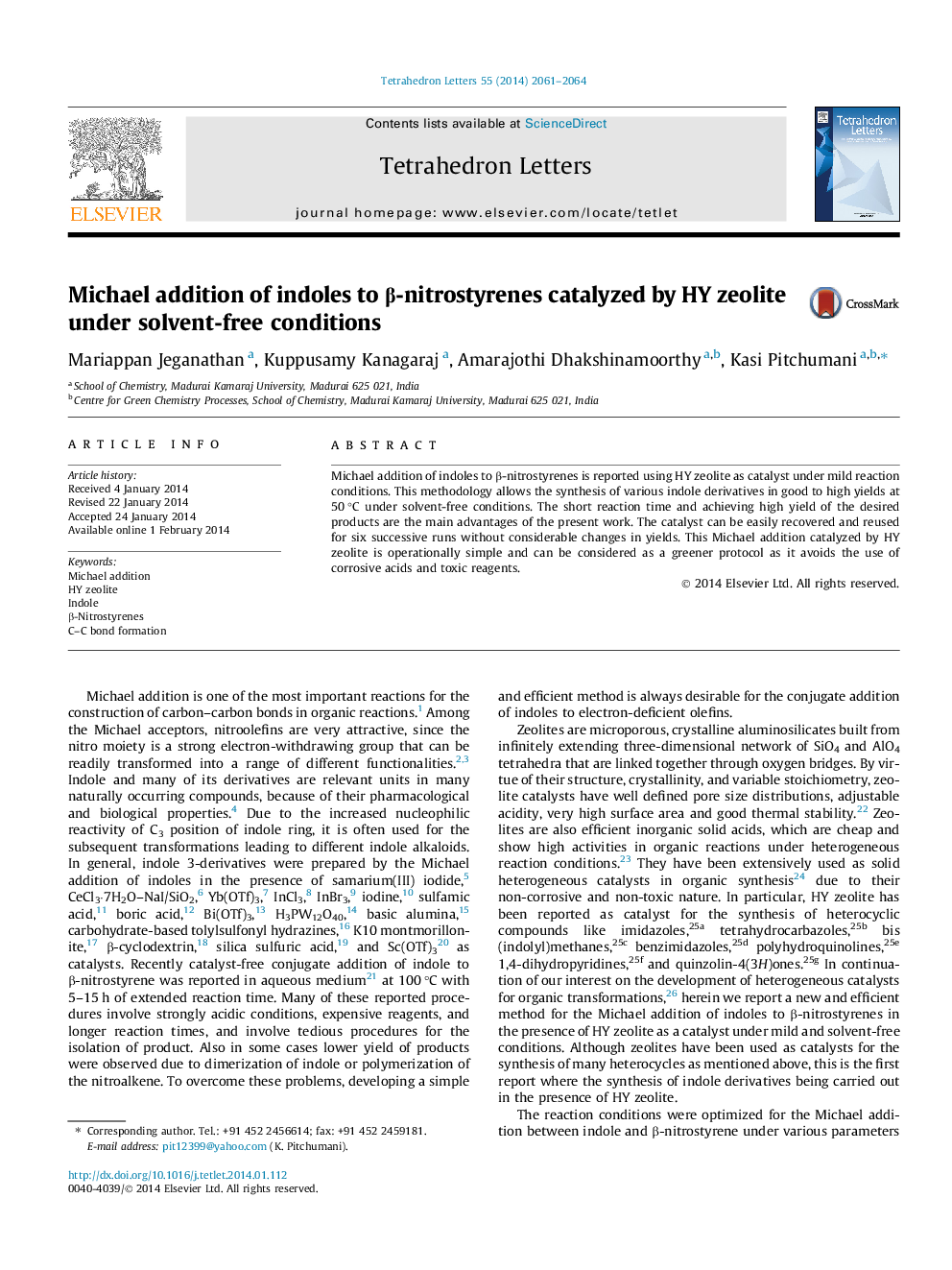 Michael addition of indoles to Î²-nitrostyrenes catalyzed by HY zeolite under solvent-free conditions