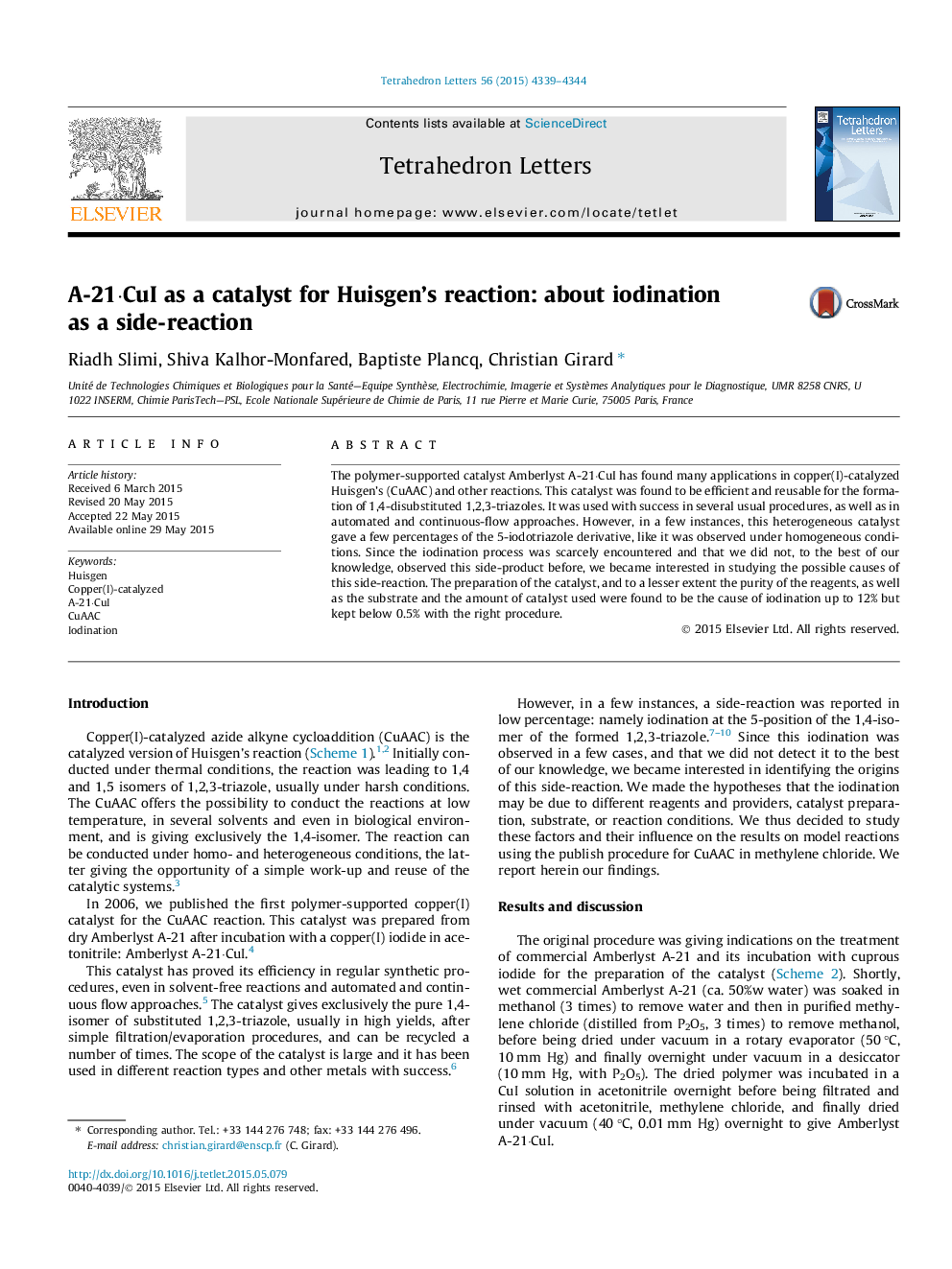 A-21Â·CuI as a catalyst for Huisgen's reaction: about iodination as a side-reaction