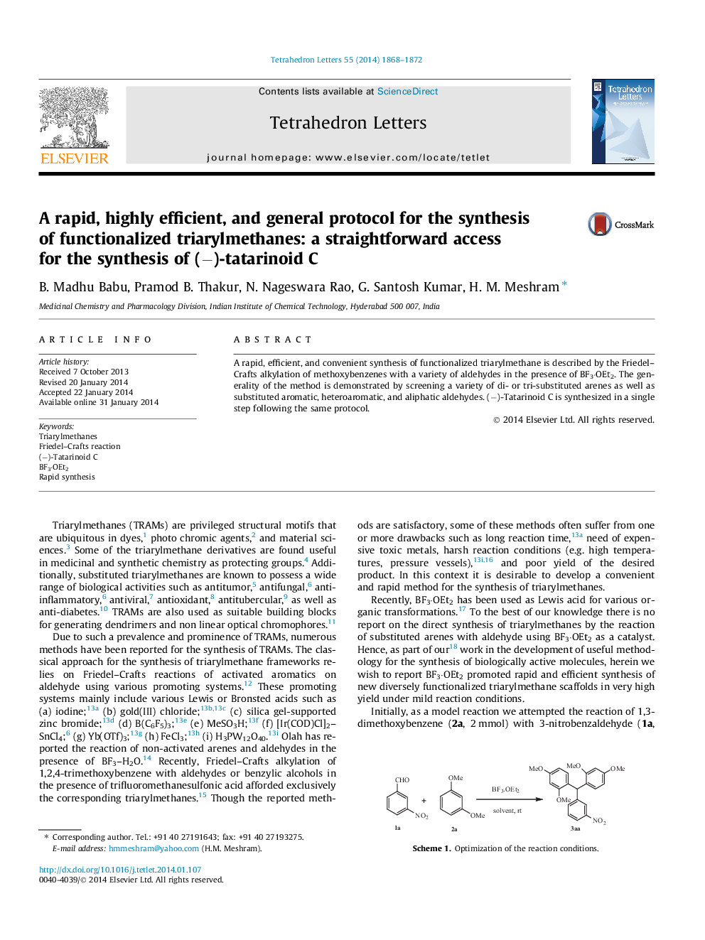 A rapid, highly efficient, and general protocol for the synthesis of functionalized triarylmethanes: a straightforward access for the synthesis of (â)-tatarinoid C