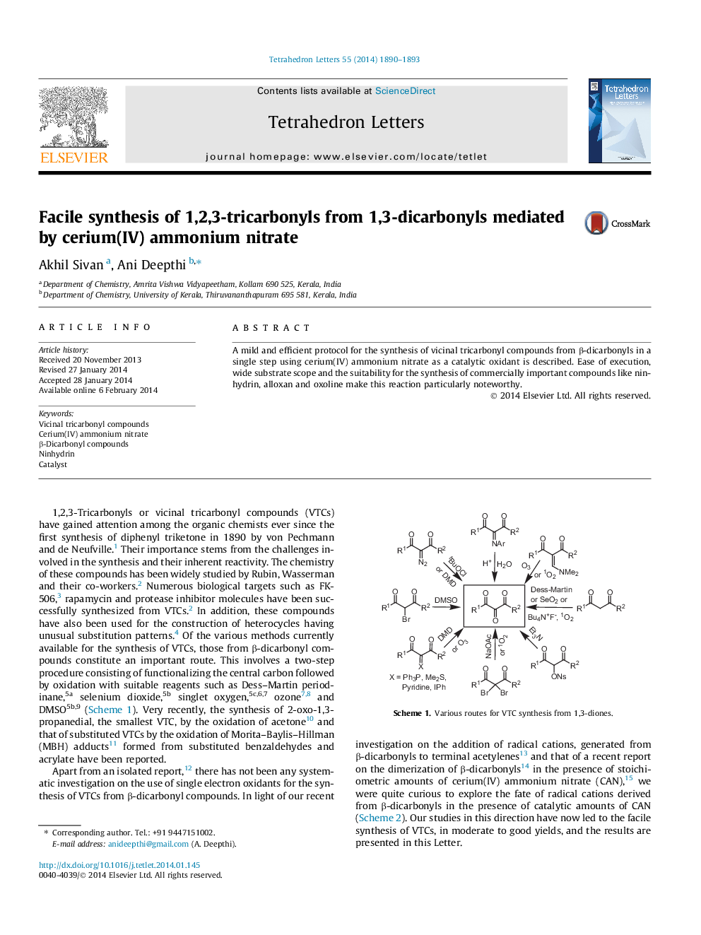 Facile synthesis of 1,2,3-tricarbonyls from 1,3-dicarbonyls mediated by cerium(IV) ammonium nitrate