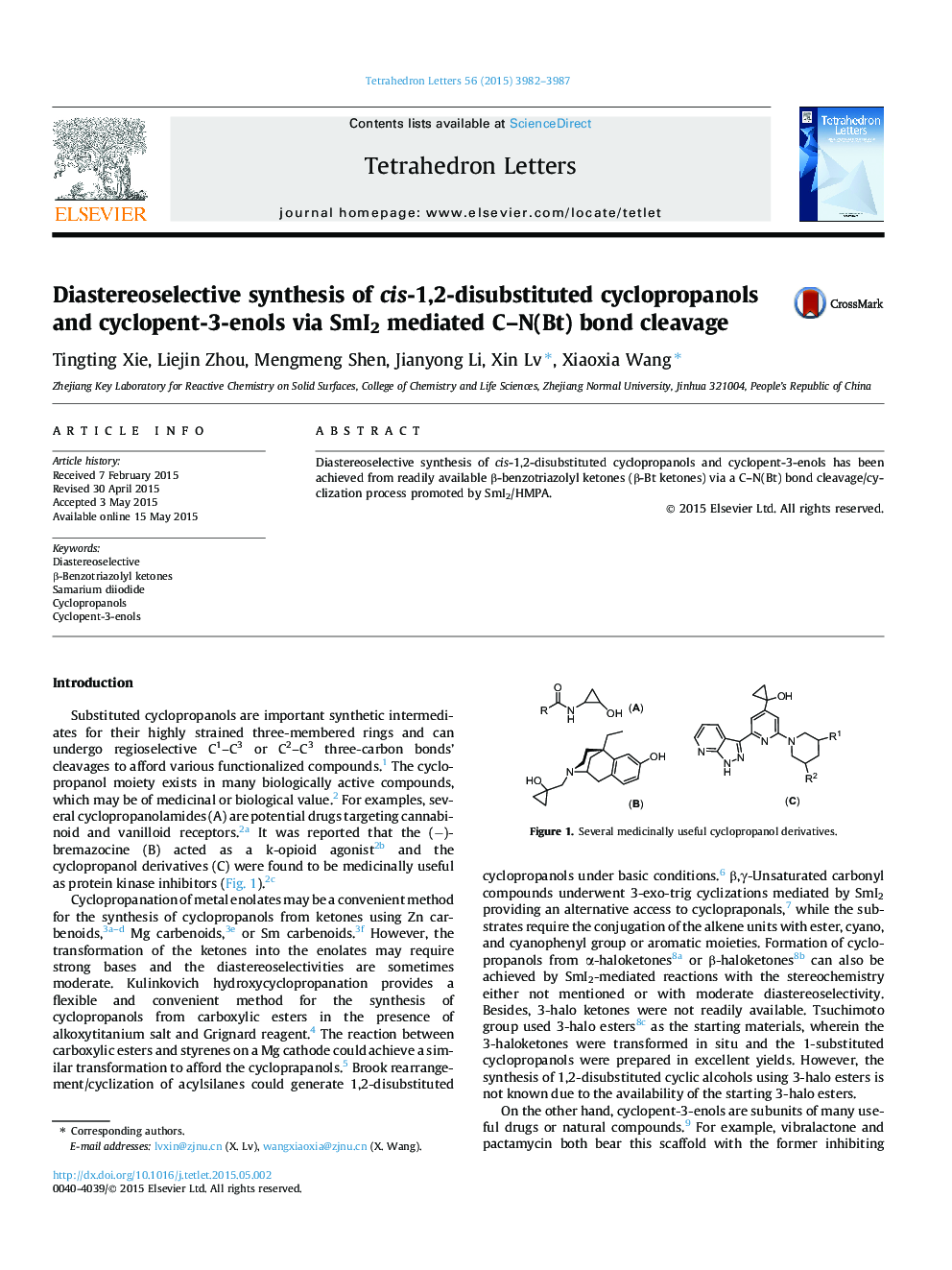 Diastereoselective synthesis of cis-1,2-disubstituted cyclopropanols and cyclopent-3-enols via SmI2 mediated C-N(Bt) bond cleavage