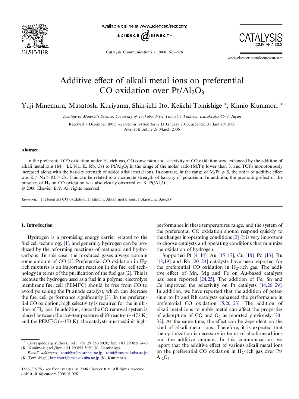 Additive effect of alkali metal ions on preferential CO oxidation over Pt/Al2O3