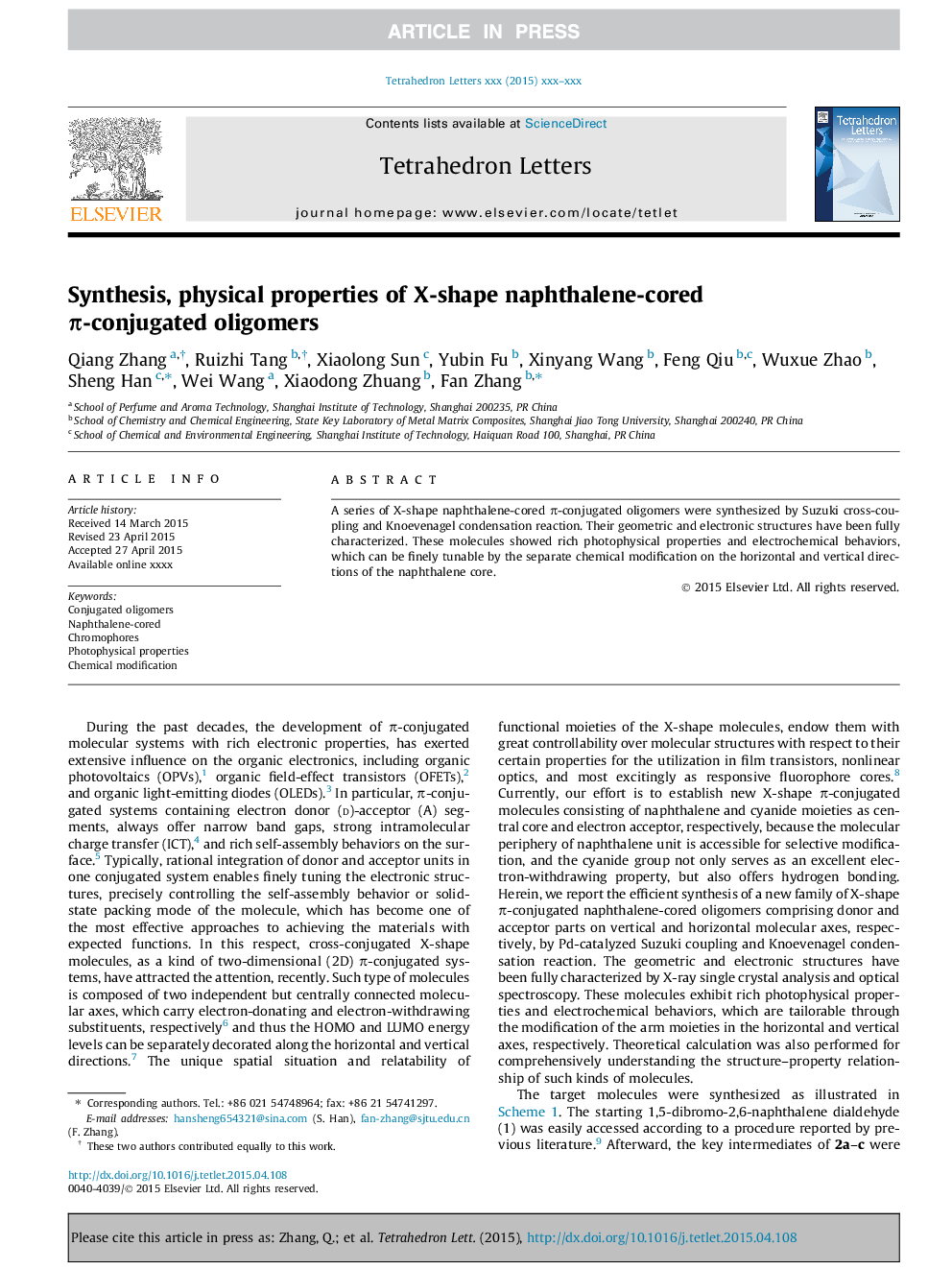 Synthesis, physical properties of X-shape naphthalene-cored Ï-conjugated oligomers