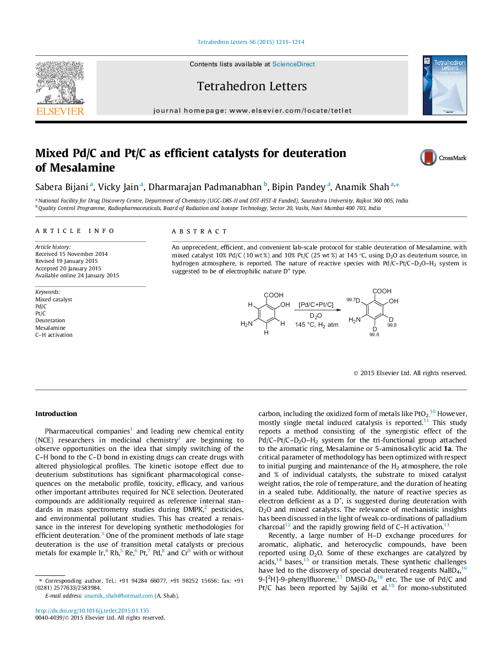 Mixed Pd/C and Pt/C as efficient catalysts for deuteration of Mesalamine