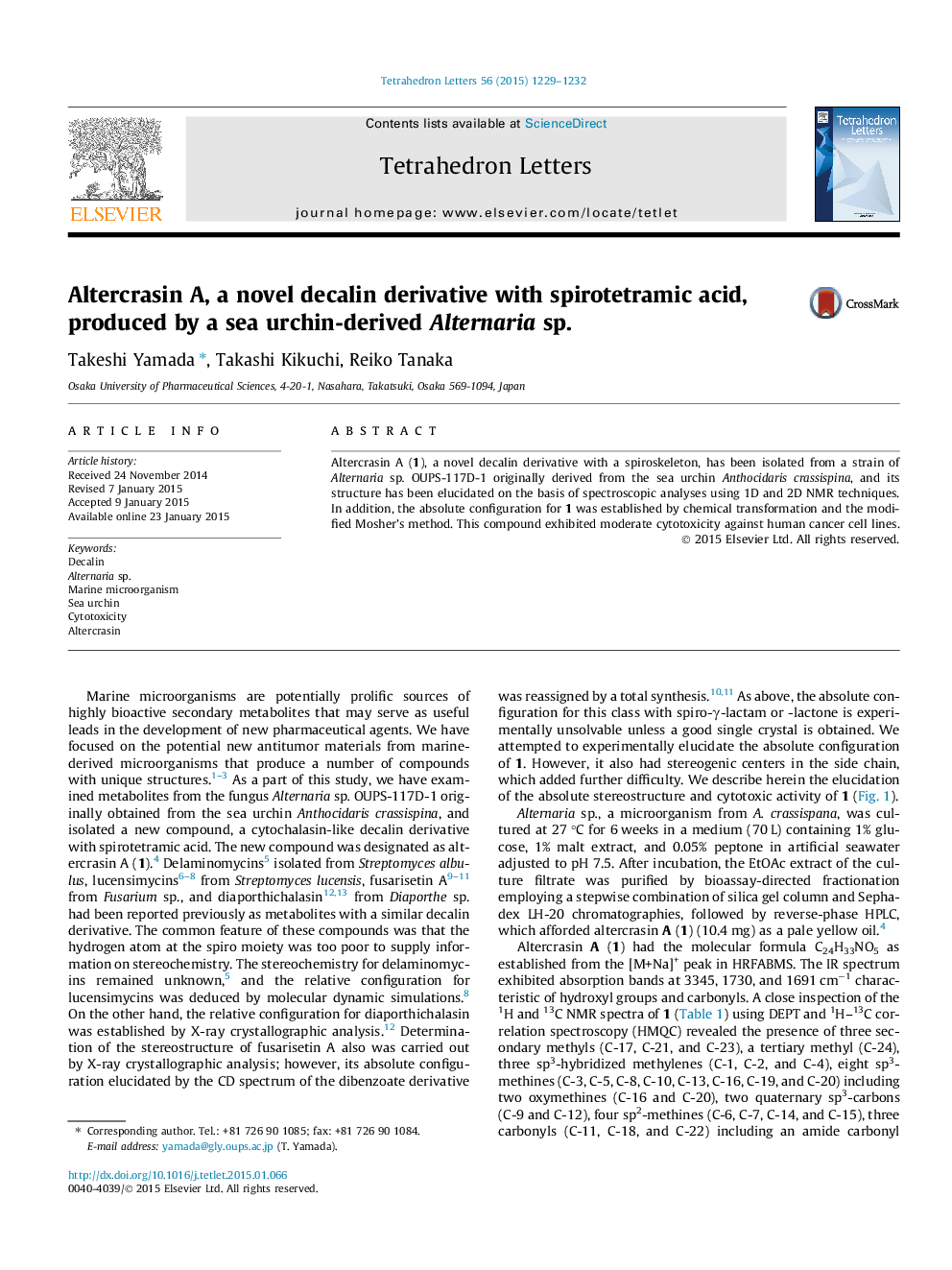 Altercrasin A, a novel decalin derivative with spirotetramic acid, produced by a sea urchin-derived Alternaria sp.