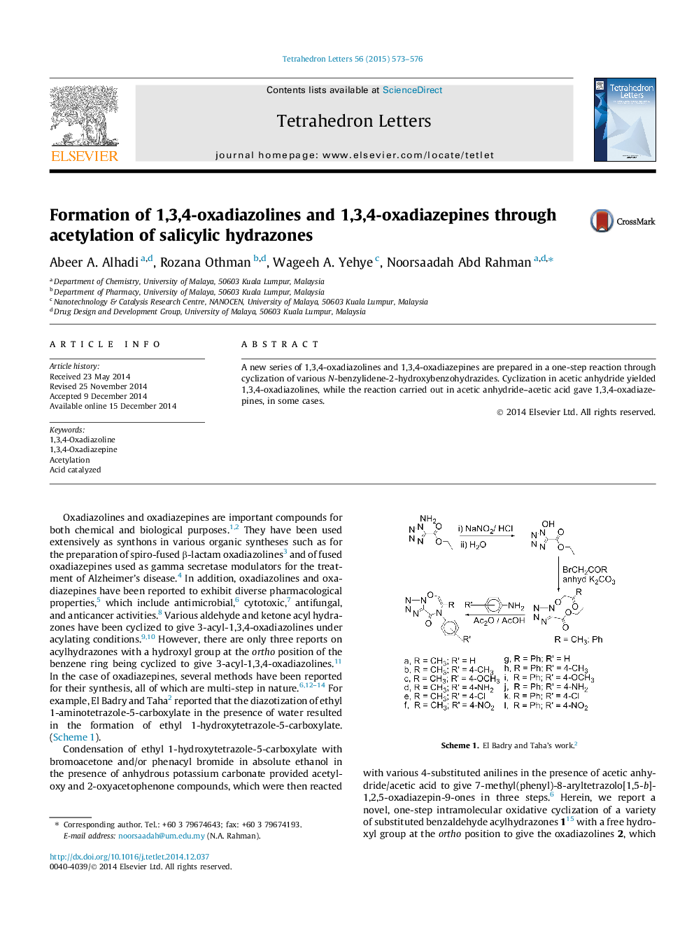تشکیل 1،3،4-اکسیدیاازولین و 1،3،4-اکسیدا دیازپین ها از طریق استیلینگ هیدرازون سالیسیلیک 