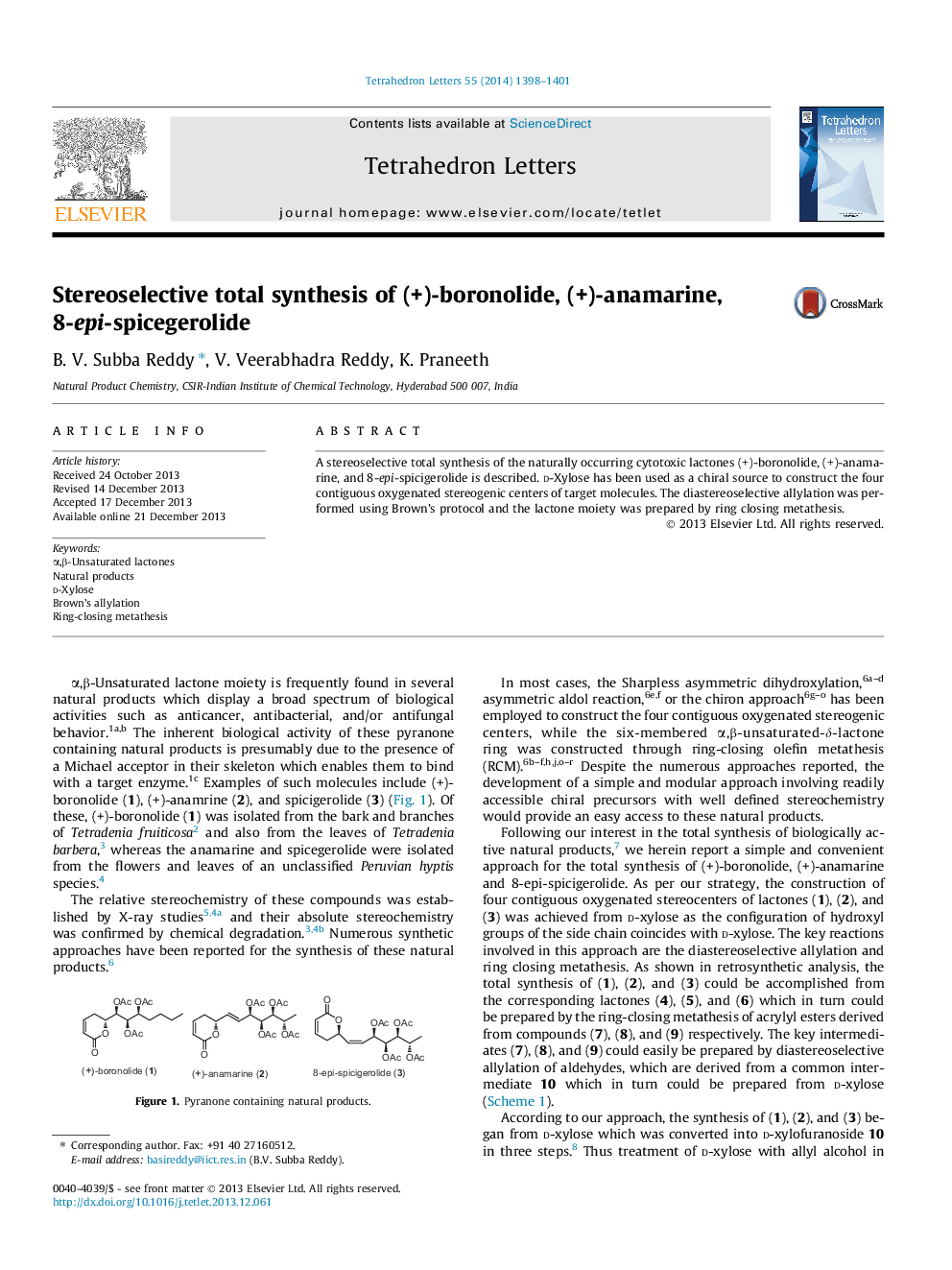 Stereoselective total synthesis of (+)-boronolide, (+)-anamarine, 8-epi-spicegerolide