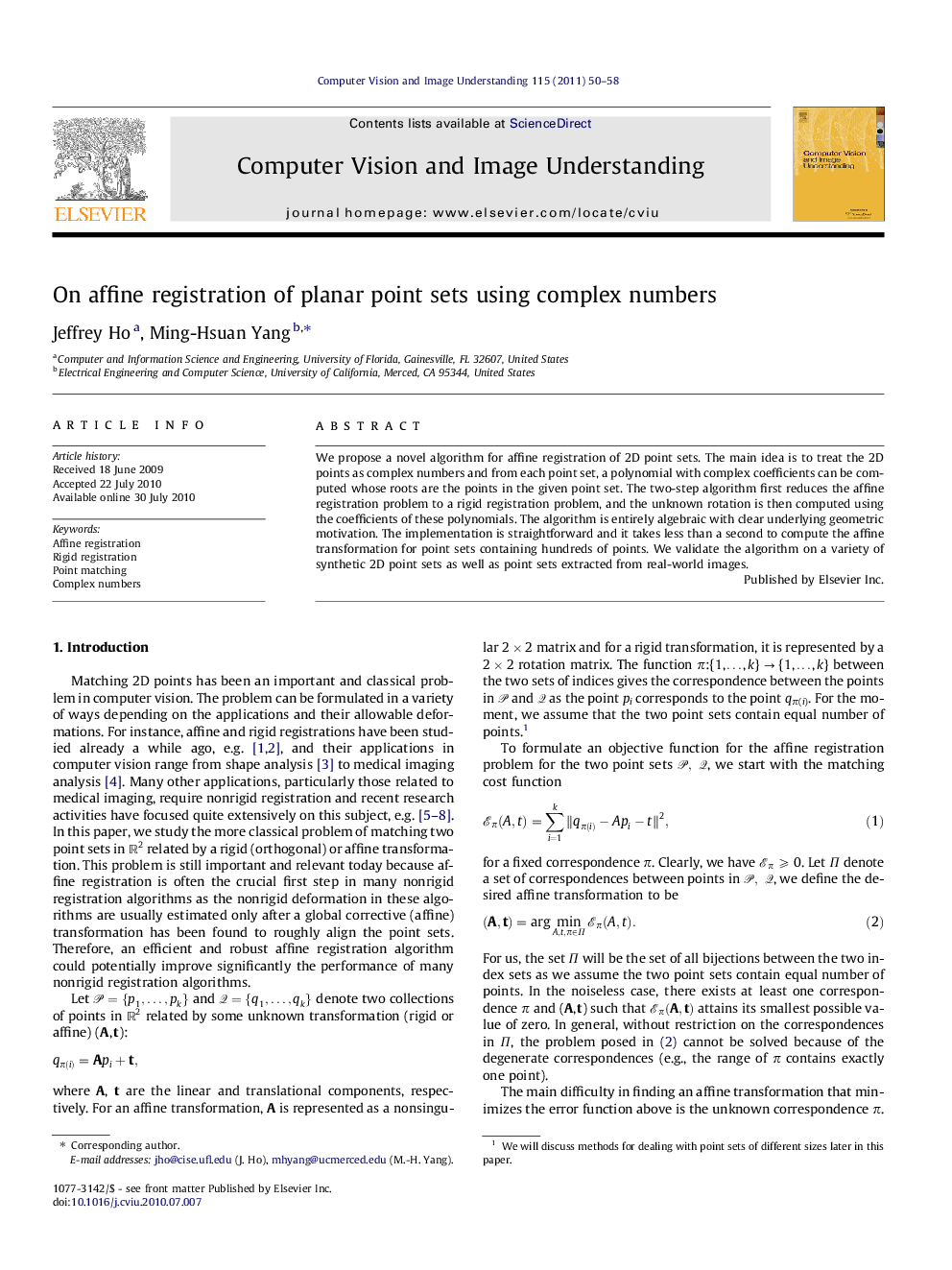 On affine registration of planar point sets using complex numbers