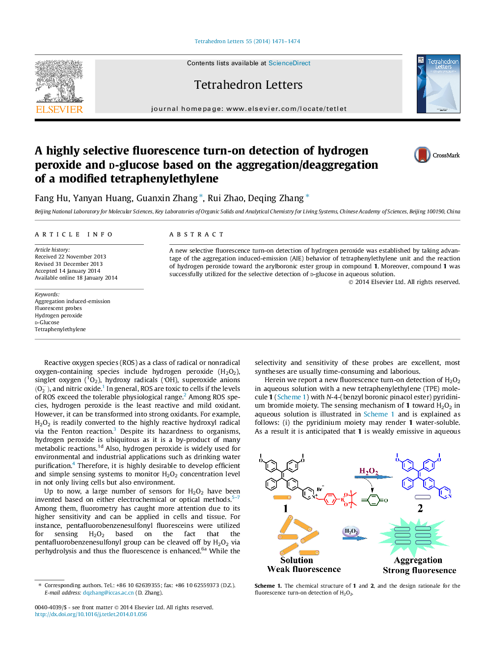 A highly selective fluorescence turn-on detection of hydrogen peroxide and d-glucose based on the aggregation/deaggregation of a modified tetraphenylethylene