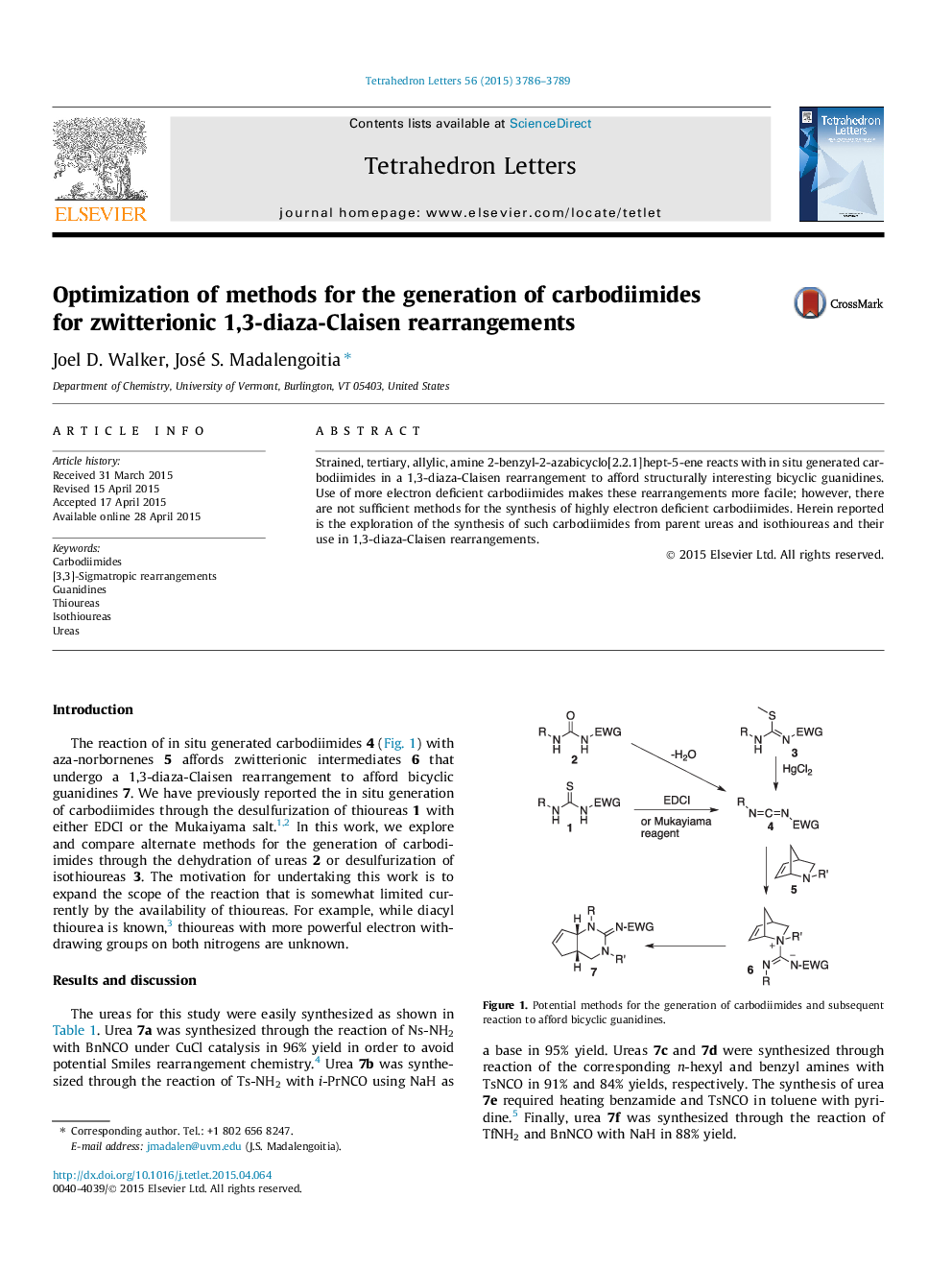 Optimization of methods for the generation of carbodiimides for zwitterionic 1,3-diaza-Claisen rearrangements