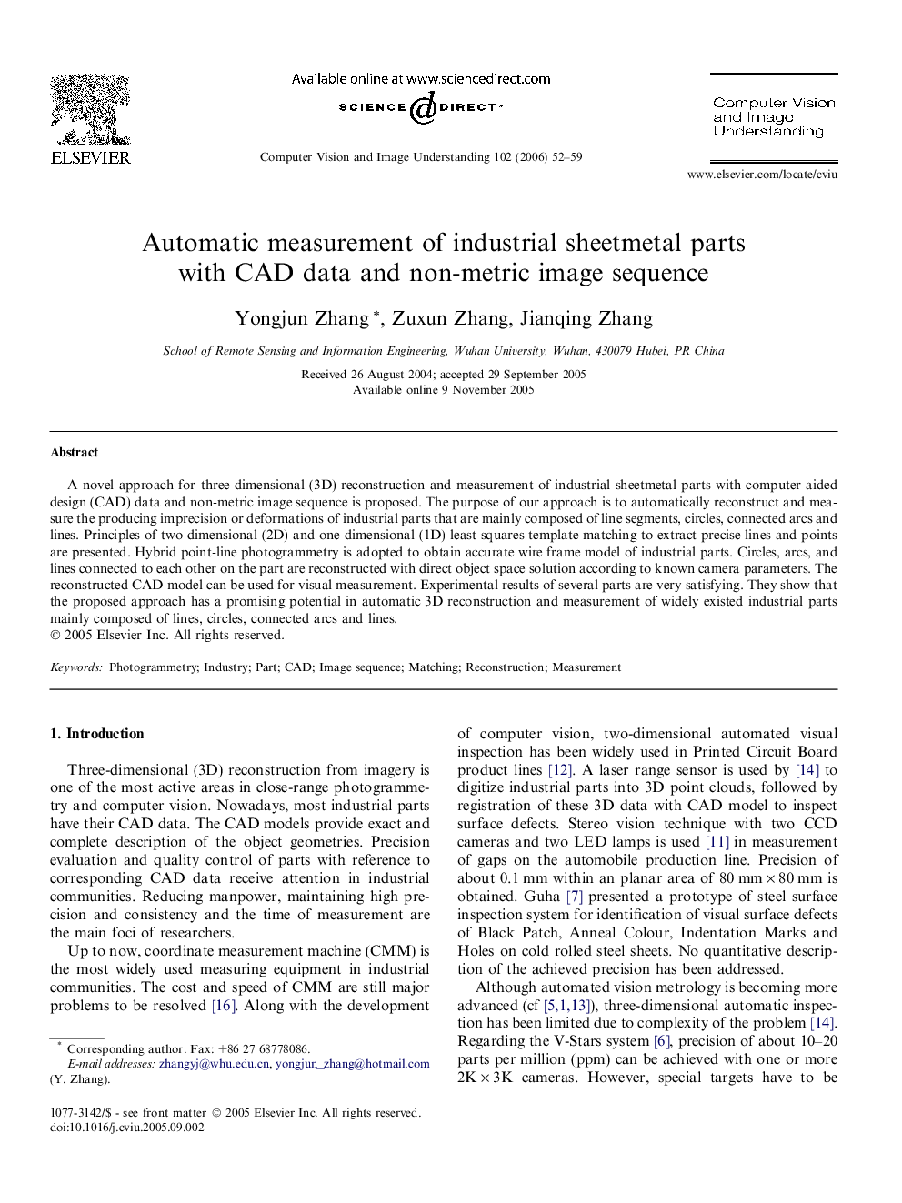 Automatic measurement of industrial sheetmetal parts with CAD data and non-metric image sequence