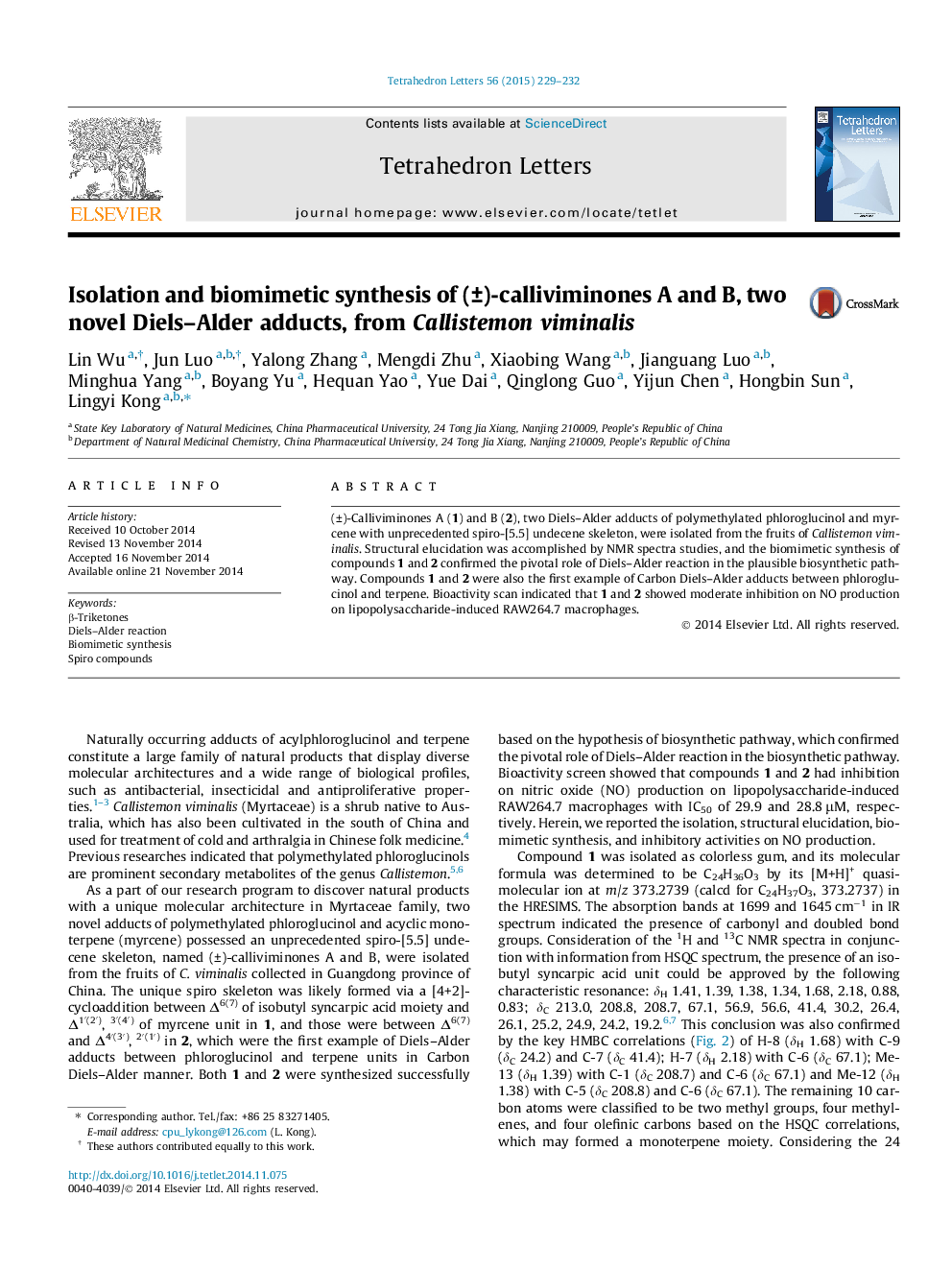 Isolation and biomimetic synthesis of (Â±)-calliviminones A and B, two novel Diels-Alder adducts, from Callistemon viminalis