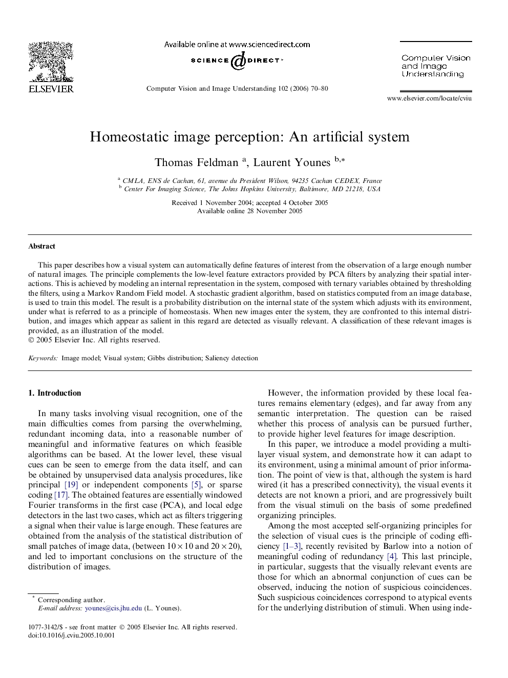 Homeostatic image perception: An artificial system