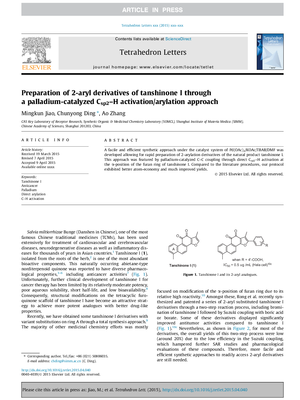 Preparation of 2-aryl derivatives of tanshinone I through a palladium-catalyzed Csp2-H activation/arylation approach