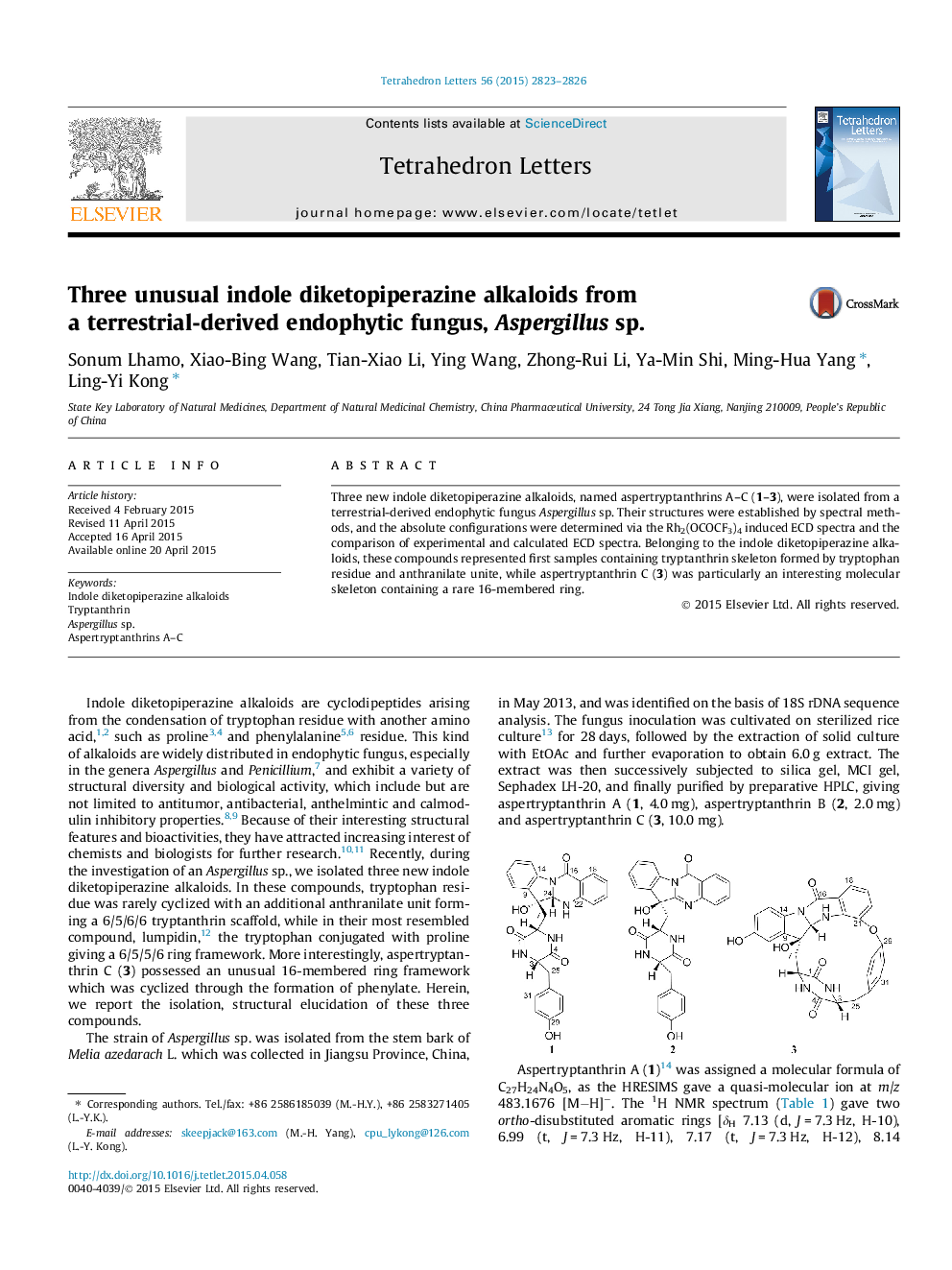 Three unusual indole diketopiperazine alkaloids from a terrestrial-derived endophytic fungus, Aspergillus sp.