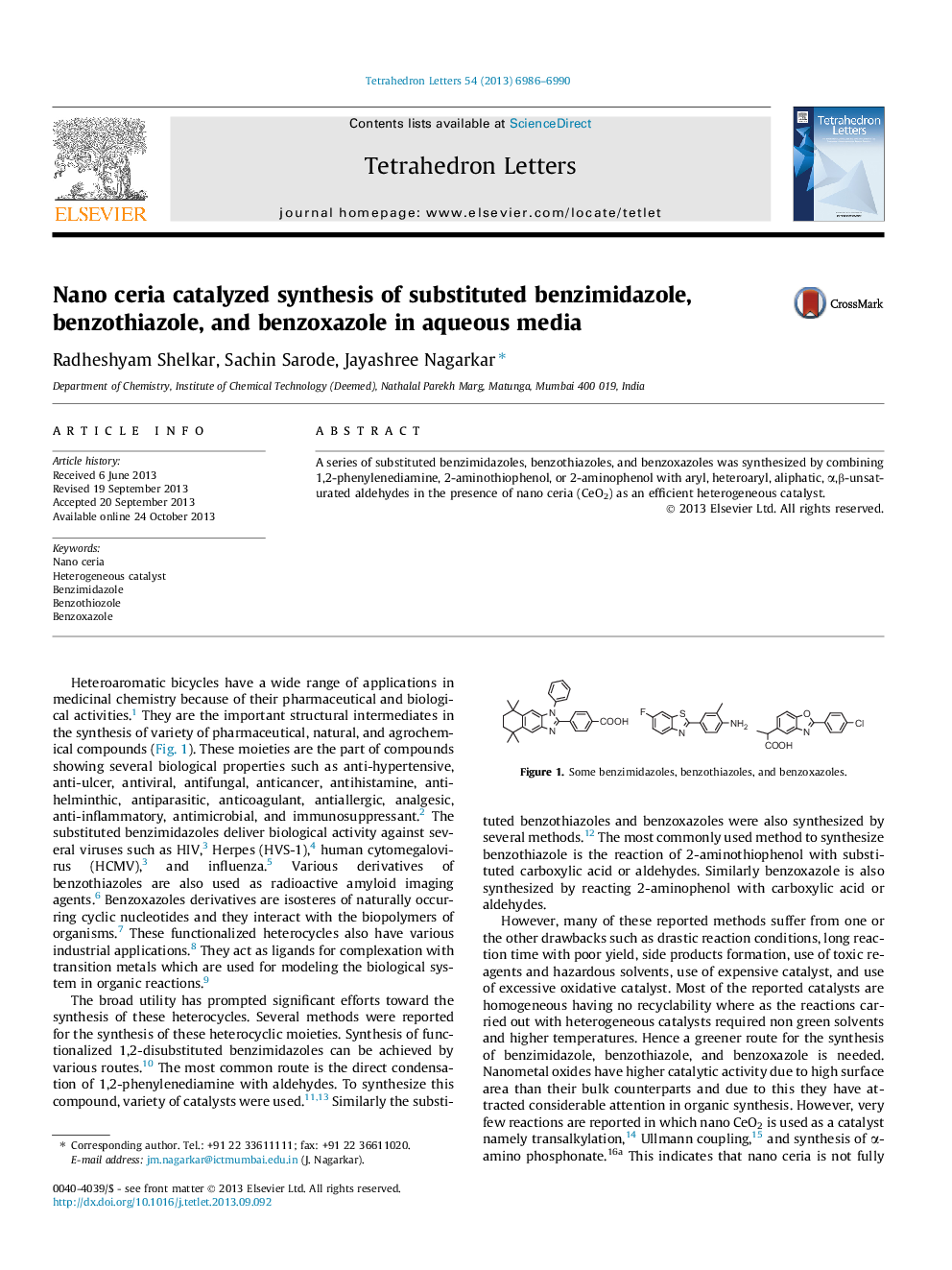 Nano ceria catalyzed synthesis of substituted benzimidazole, benzothiazole, and benzoxazole in aqueous media