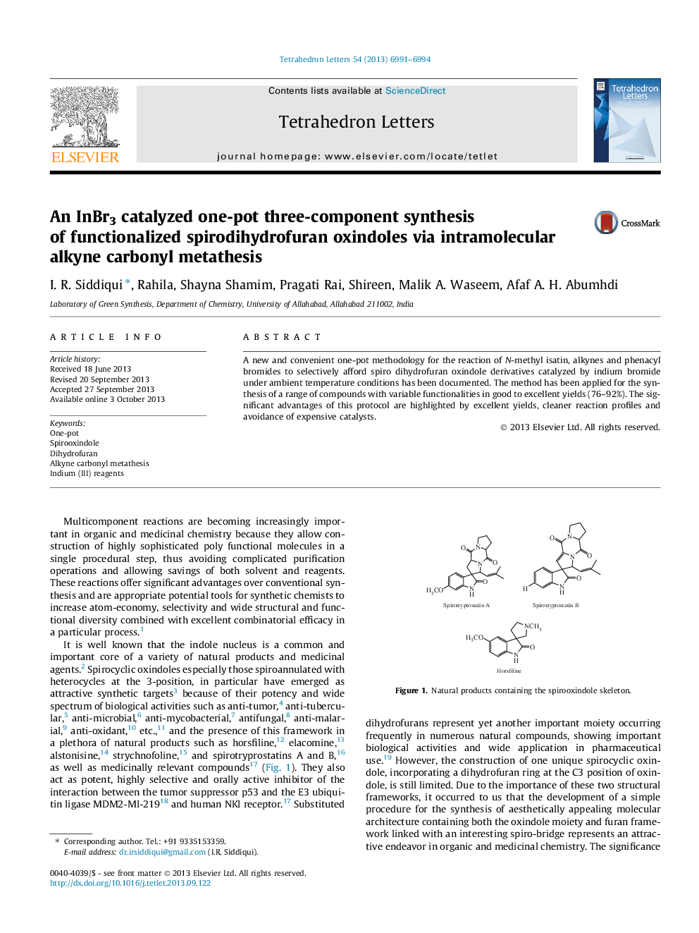 An InBr3 catalyzed one-pot three-component synthesis of functionalized spirodihydrofuran oxindoles via intramolecular alkyne carbonyl metathesis