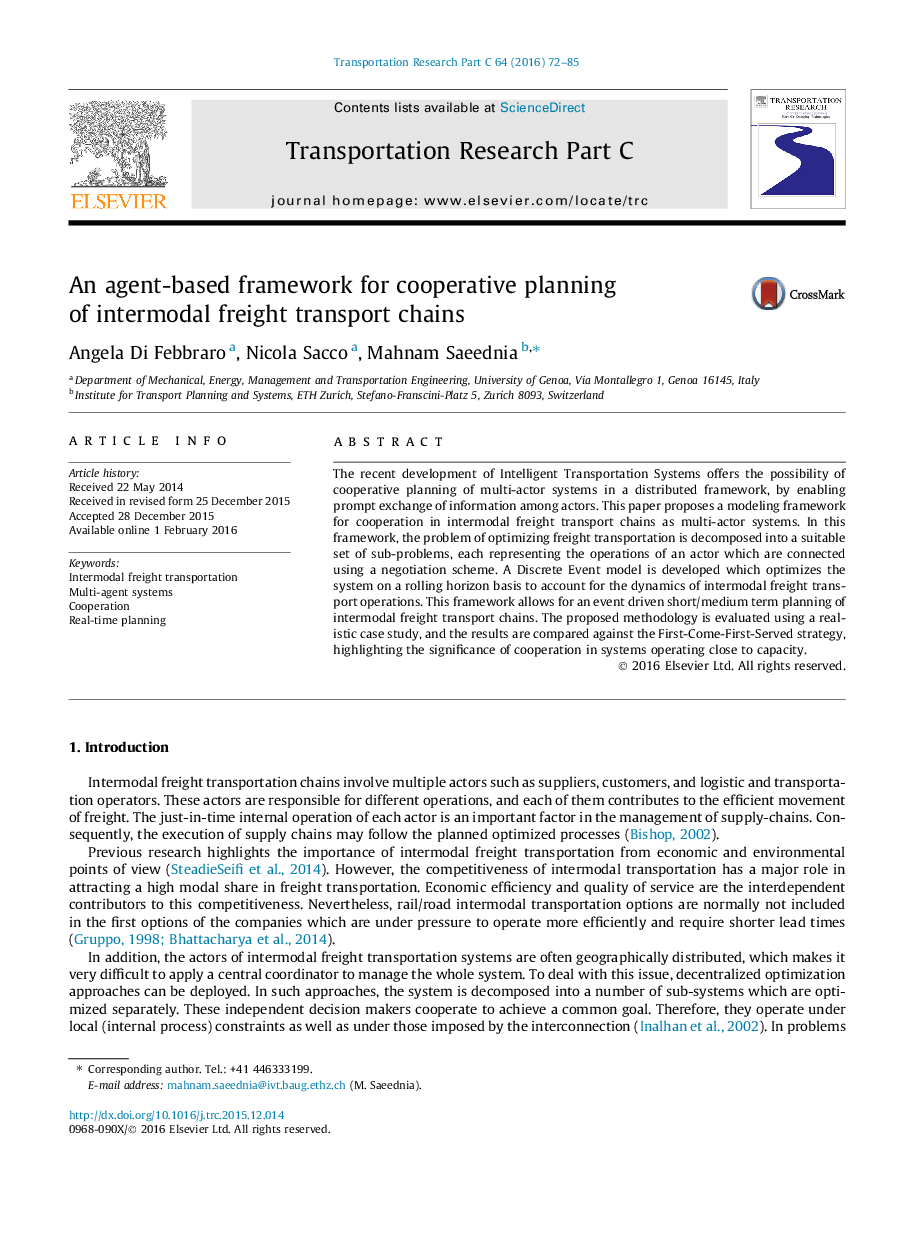 An agent-based framework for cooperative planning of intermodal freight transport chains