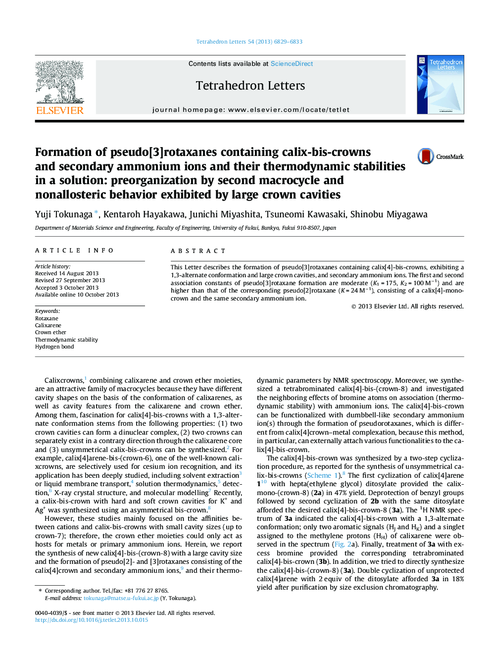 Formation of pseudo[3]rotaxanes containing calix-bis-crowns and secondary ammonium ions and their thermodynamic stabilities in a solution: preorganization by second macrocycle and nonallosteric behavior exhibited by large crown cavities