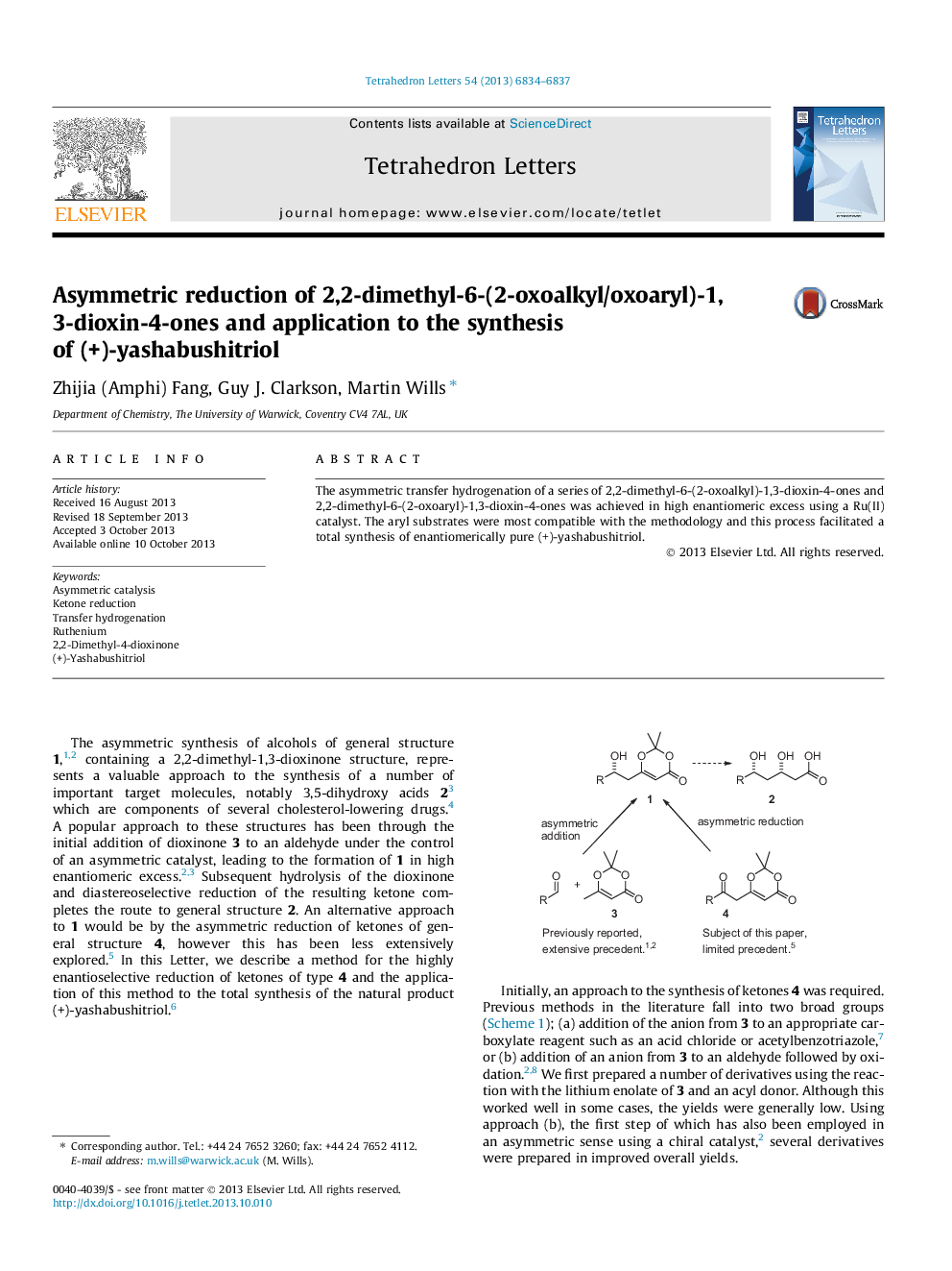 Asymmetric reduction of 2,2-dimethyl-6-(2-oxoalkyl/oxoaryl)-1,3-dioxin-4-ones and application to the synthesis of (+)-yashabushitriol