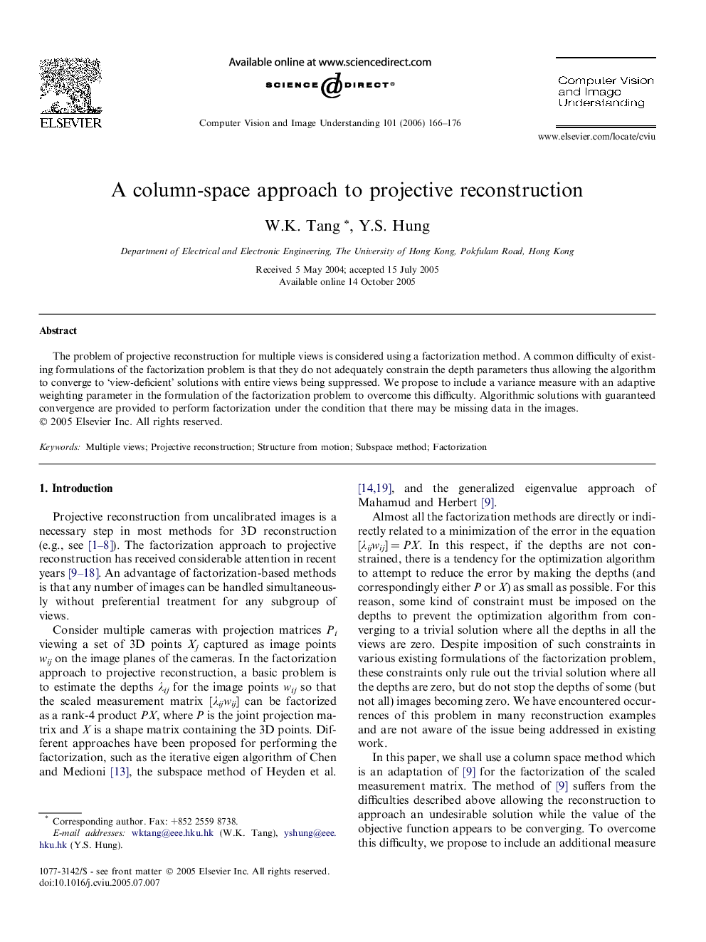 A column-space approach to projective reconstruction