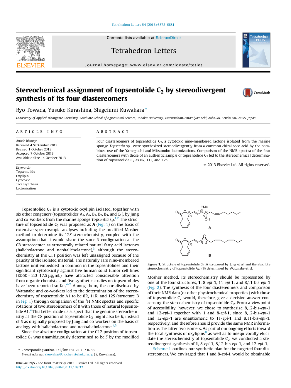 Stereochemical assignment of topsentolide C2 by stereodivergent synthesis of its four diastereomers