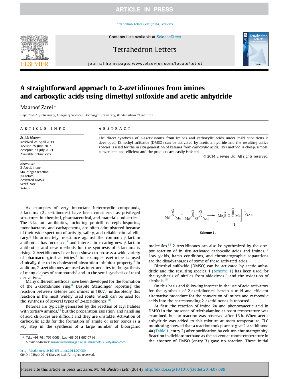 A straightforward approach to 2-azetidinones from imines and carboxylic acids using dimethyl sulfoxide and acetic anhydride