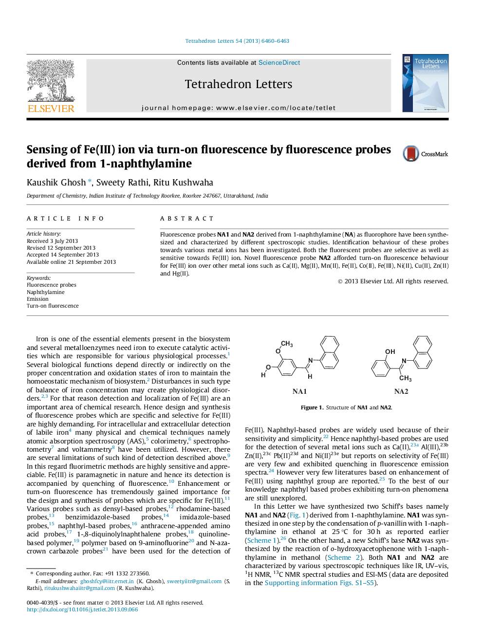 Sensing of Fe(III) ion via turn-on fluorescence by fluorescence probes derived from 1-naphthylamine