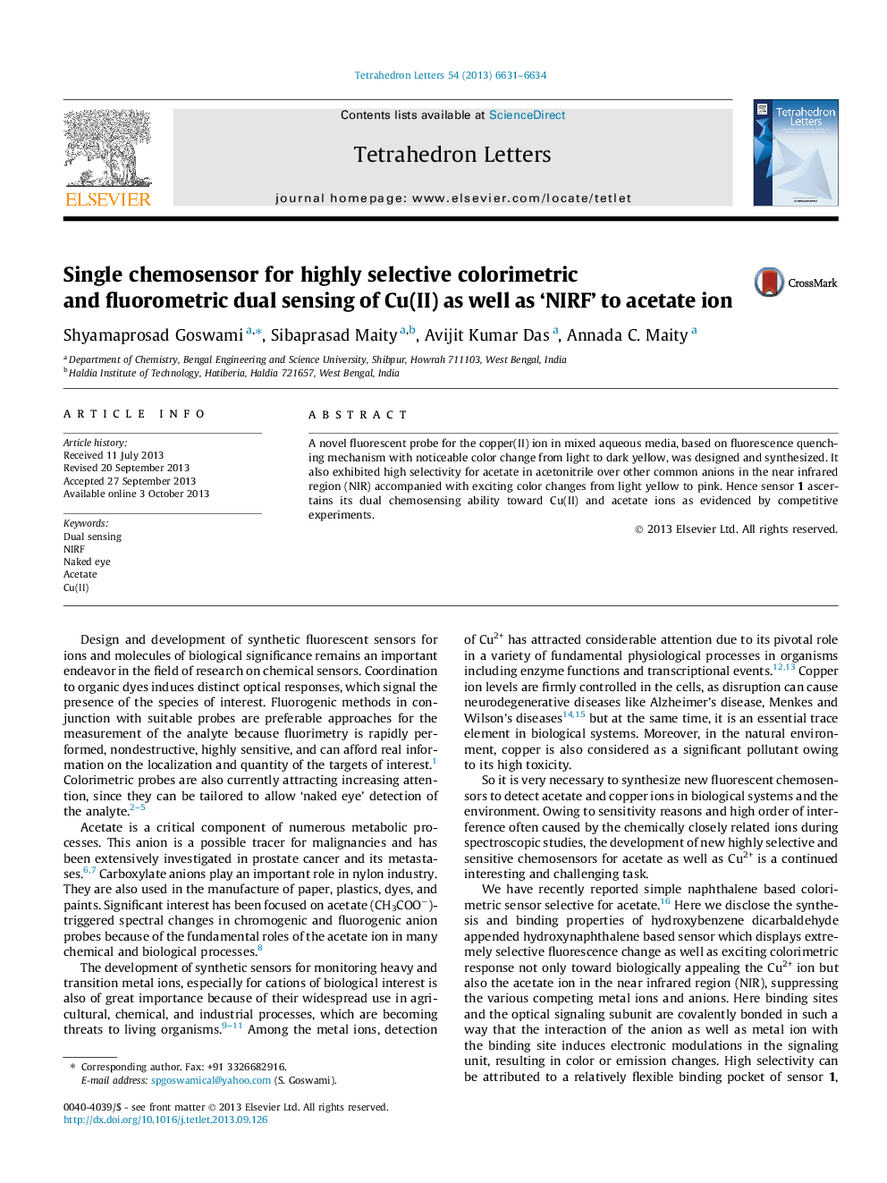 Single chemosensor for highly selective colorimetric and fluorometric dual sensing of Cu(II) as well as 'NIRF' to acetate ion