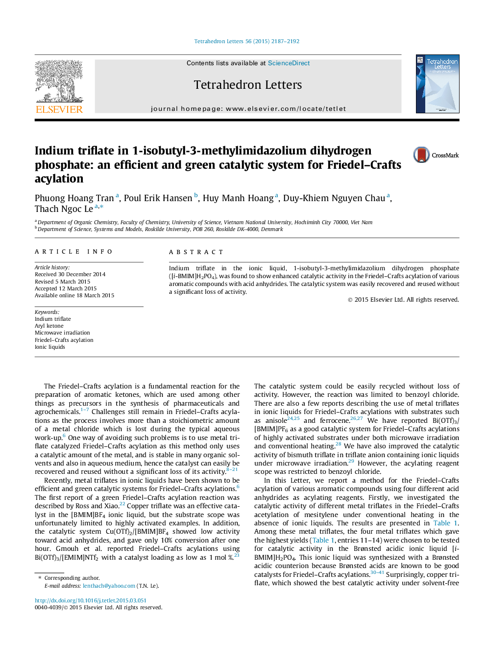 Indium triflate in 1-isobutyl-3-methylimidazolium dihydrogen phosphate: an efficient and green catalytic system for Friedel-Crafts acylation