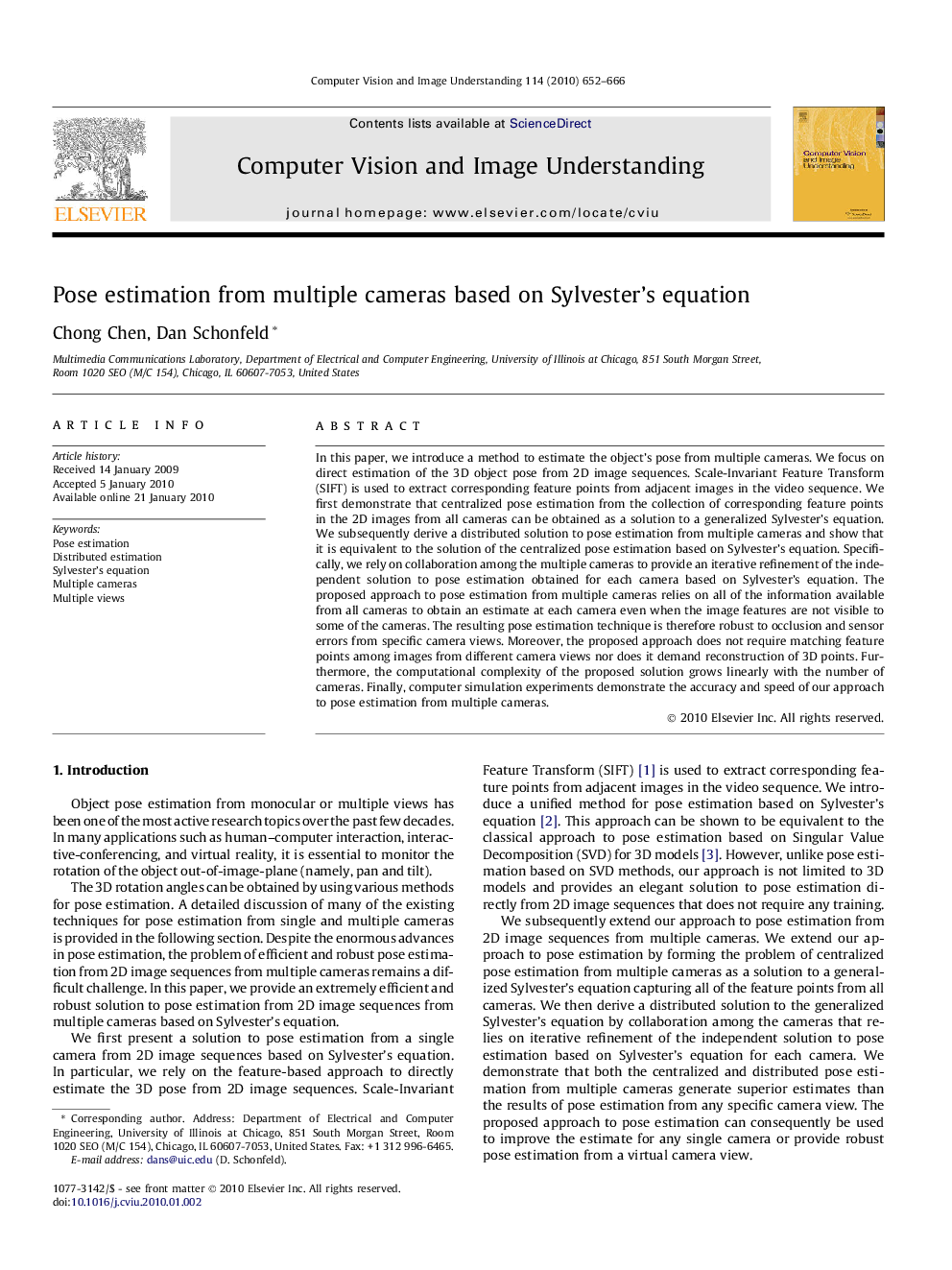 Pose estimation from multiple cameras based on Sylvester’s equation