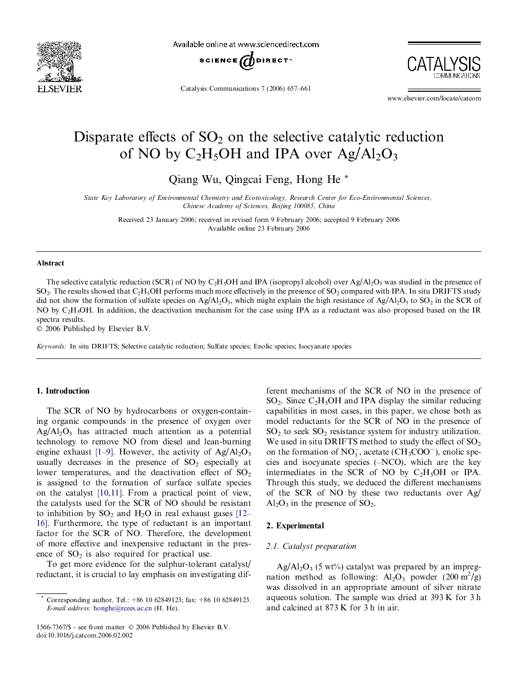 عکس صفحه اول مقاله: Disparate effects of SO2 on the selective catalytic reduction of NO by C2H5OH and IPA over Ag/Al2O3 Disparate effects of SO2 on the selective catalytic reduction of NO by C2H5OH and IPA over Ag/Al2O3