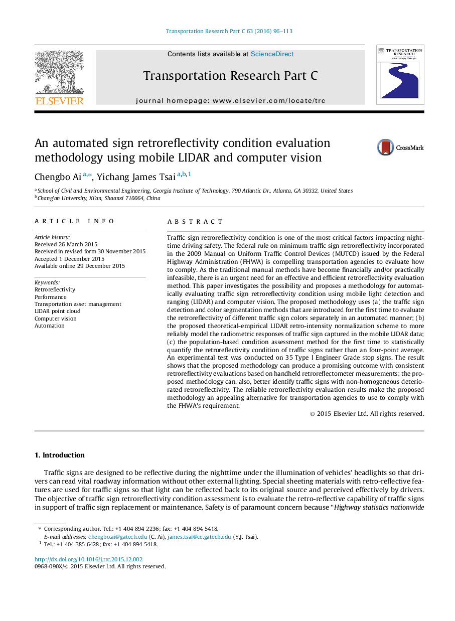 An automated sign retroreflectivity condition evaluation methodology using mobile LIDAR and computer vision