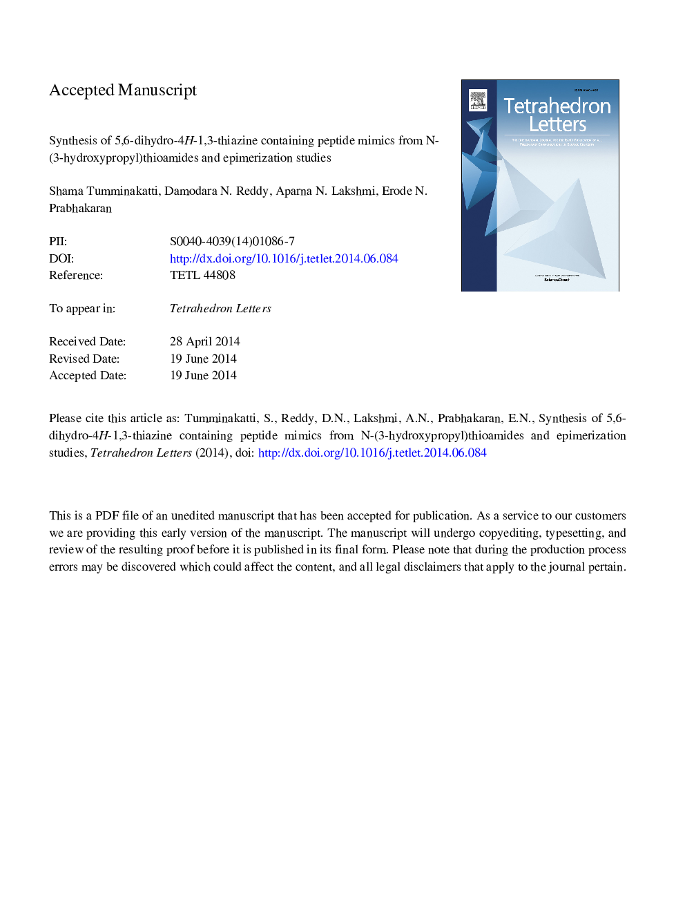 عکس صفحه اول مقاله: Synthesis of 5,6-dihydro-4H-1,3-thiazine containing peptide mimics from N-(3-hydroxypropyl)thioamides and epimerization studies Synthesis of 5,6-dihydro-4H-1,3-thiazine containing peptide mimics from N-(3-hydroxypropyl)thioamides and epimerization studies