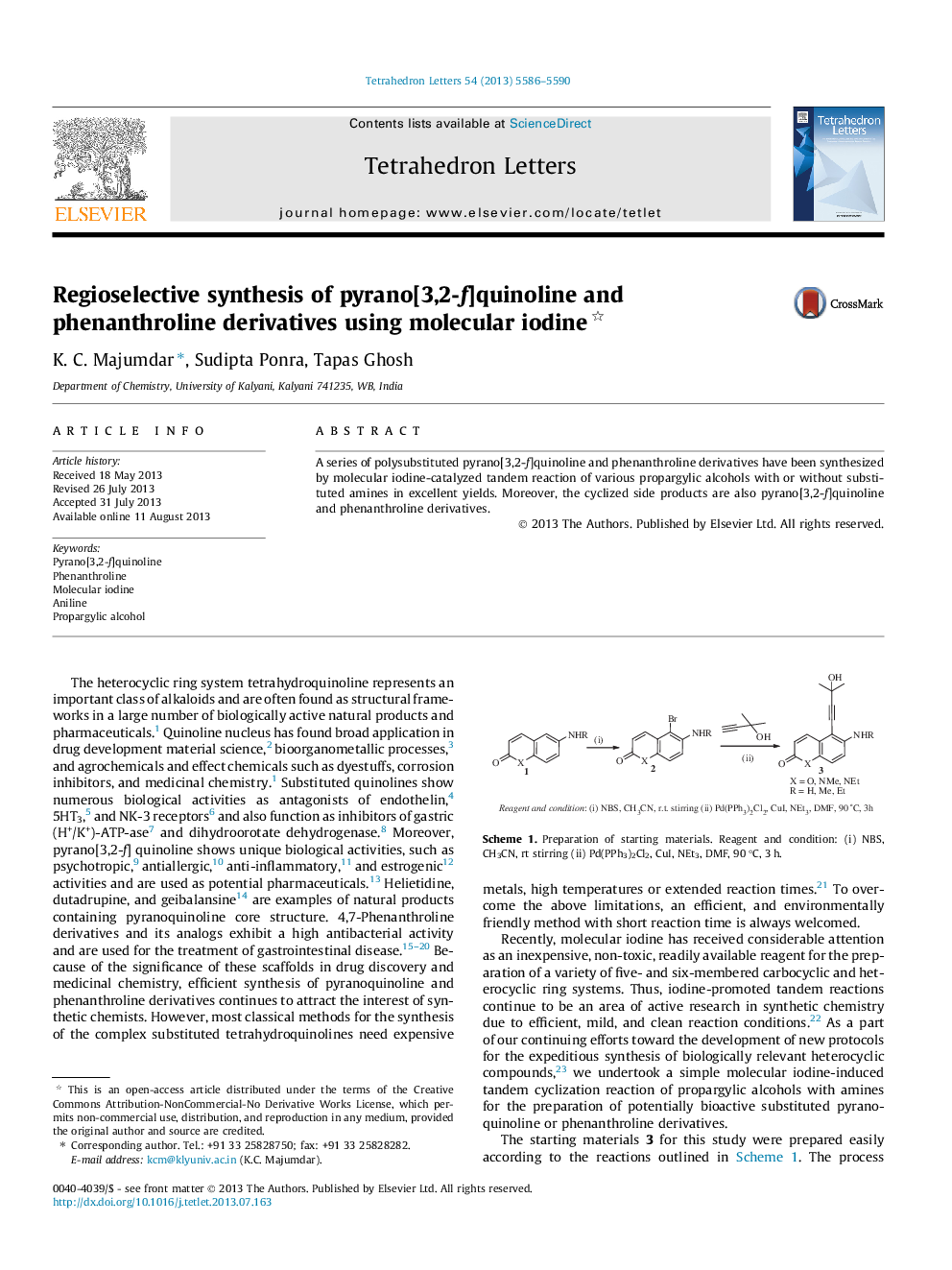 Regioselective synthesis of pyrano[3,2-f]quinoline and phenanthroline derivatives using molecular iodine