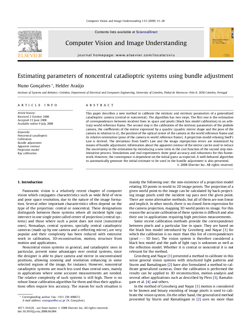 Estimating parameters of noncentral catadioptric systems using bundle adjustment