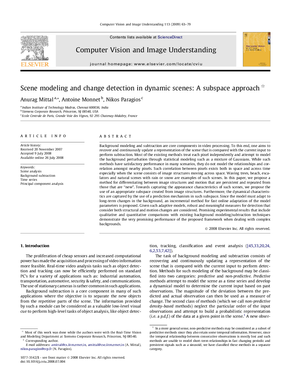 Scene modeling and change detection in dynamic scenes: A subspace approach 