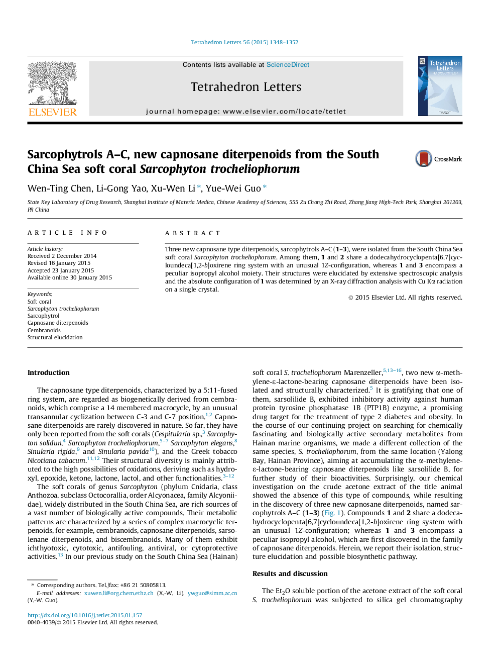 Sarcophytrols A-C, new capnosane diterpenoids from the South China Sea soft coral Sarcophyton trocheliophorum