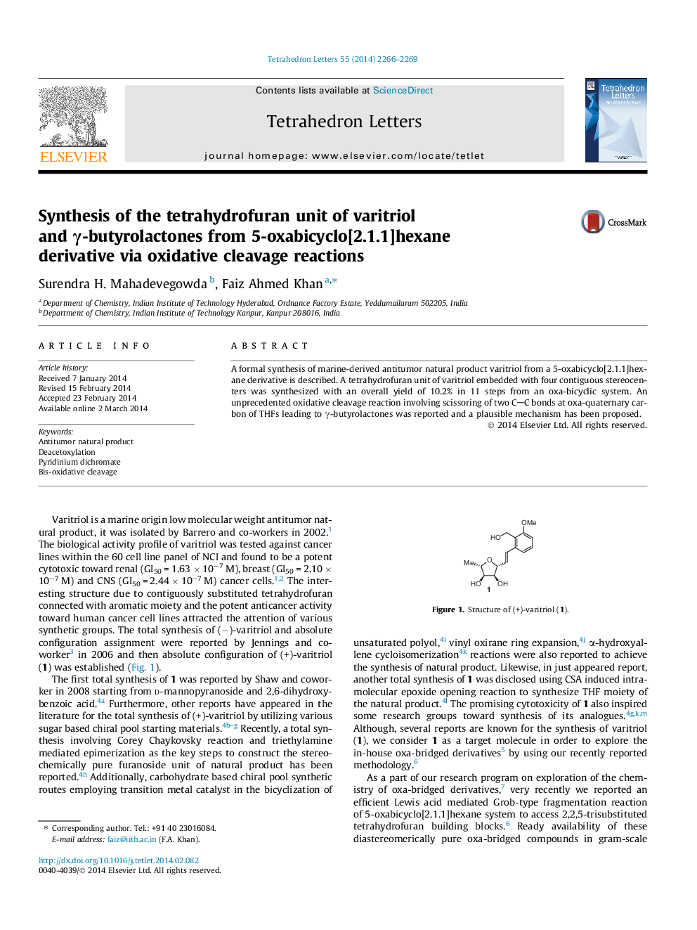 Synthesis of the tetrahydrofuran unit of varitriol and Î³-butyrolactones from 5-oxabicyclo[2.1.1]hexane derivative via oxidative cleavage reactions