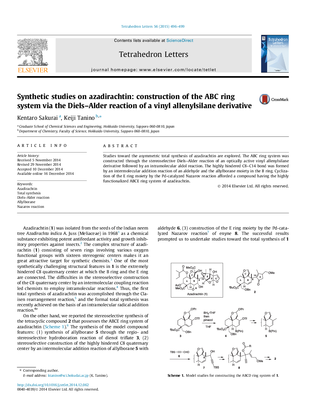 Synthetic studies on azadirachtin: construction of the ABC ring system via the Diels-Alder reaction of a vinyl allenylsilane derivative