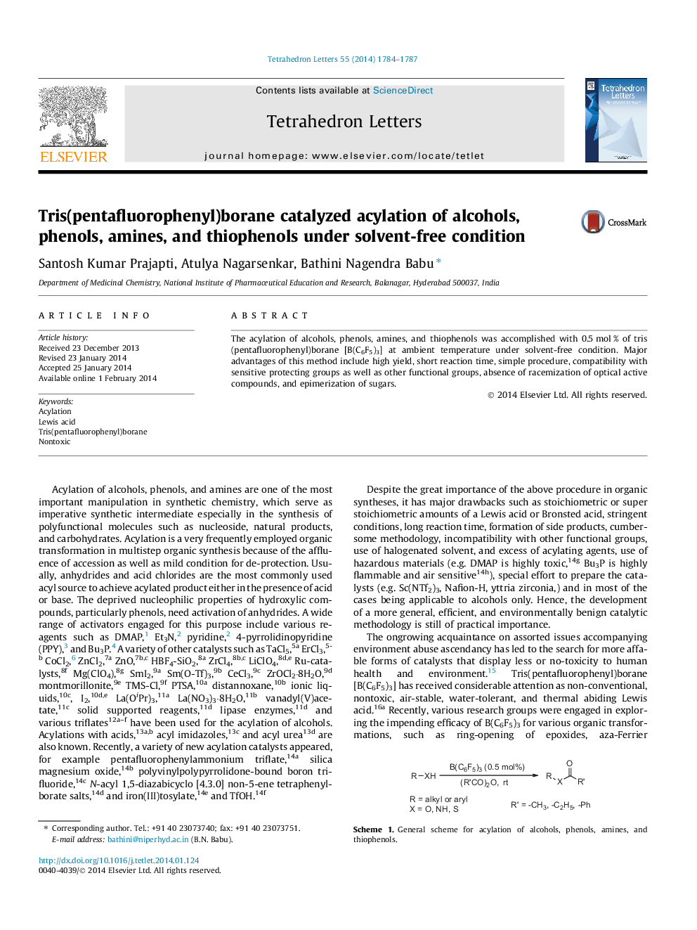 Tris(pentafluorophenyl)borane catalyzed acylation of alcohols, phenols, amines, and thiophenols under solvent-free condition