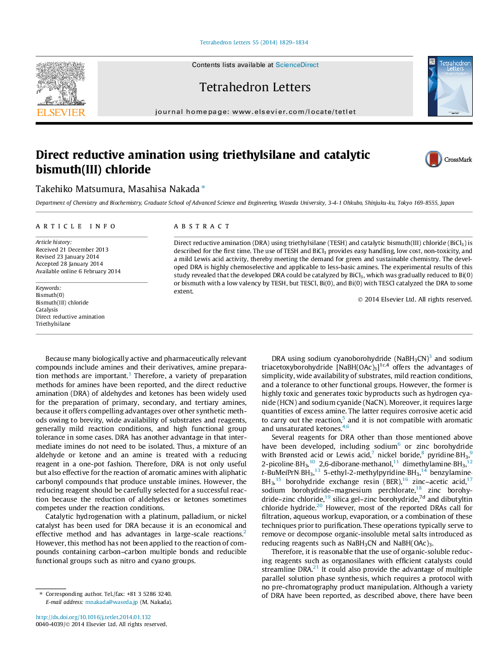 Direct reductive amination using triethylsilane and catalytic bismuth(III) chloride