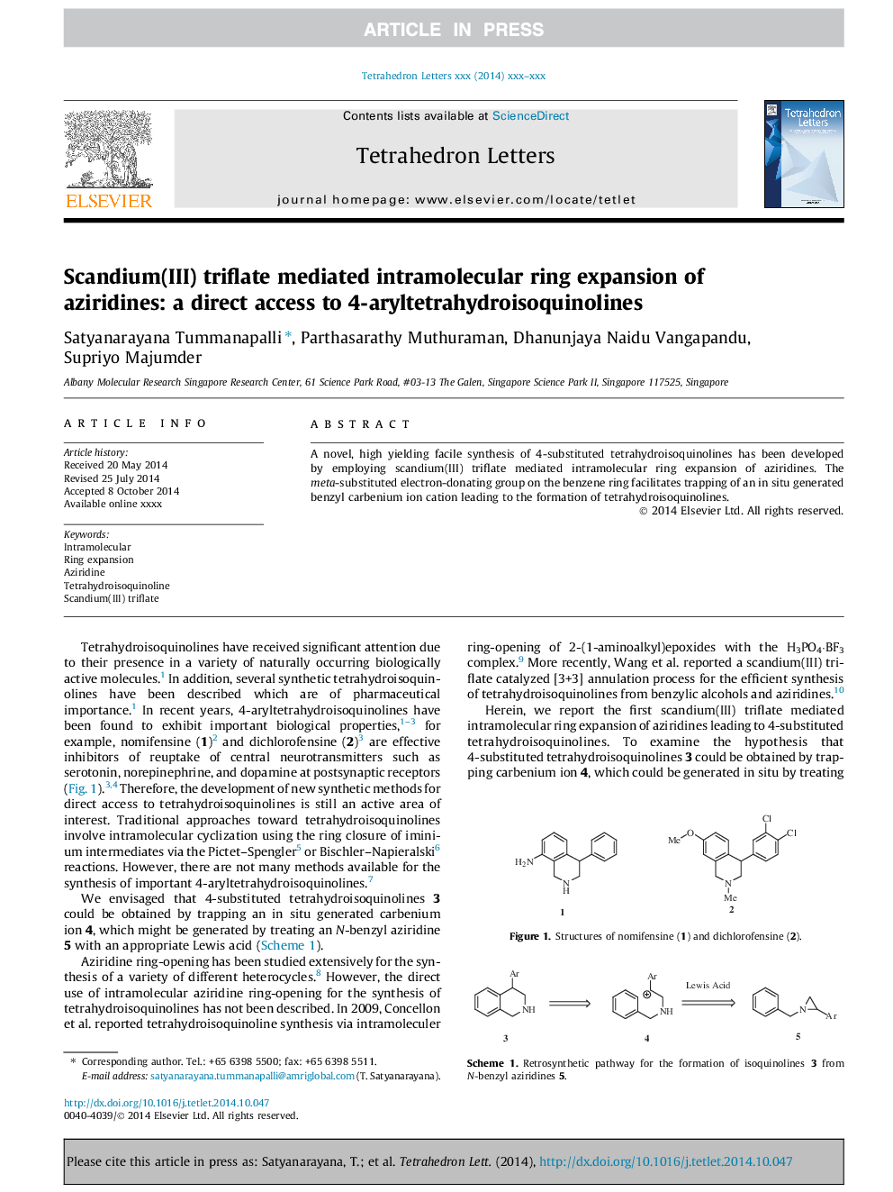 Scandium(III) triflate mediated intramolecular ring expansion of aziridines: a direct access to 4-aryltetrahydroisoquinolines