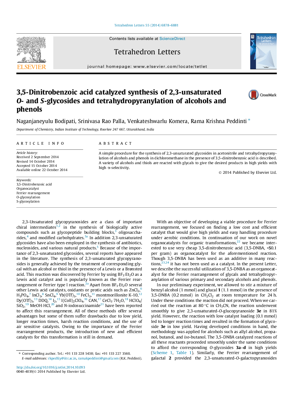 3,5-Dinitrobenzoic acid catalyzed synthesis of 2,3-unsaturated O- and S-glycosides and tetrahydropyranylation of alcohols and phenols