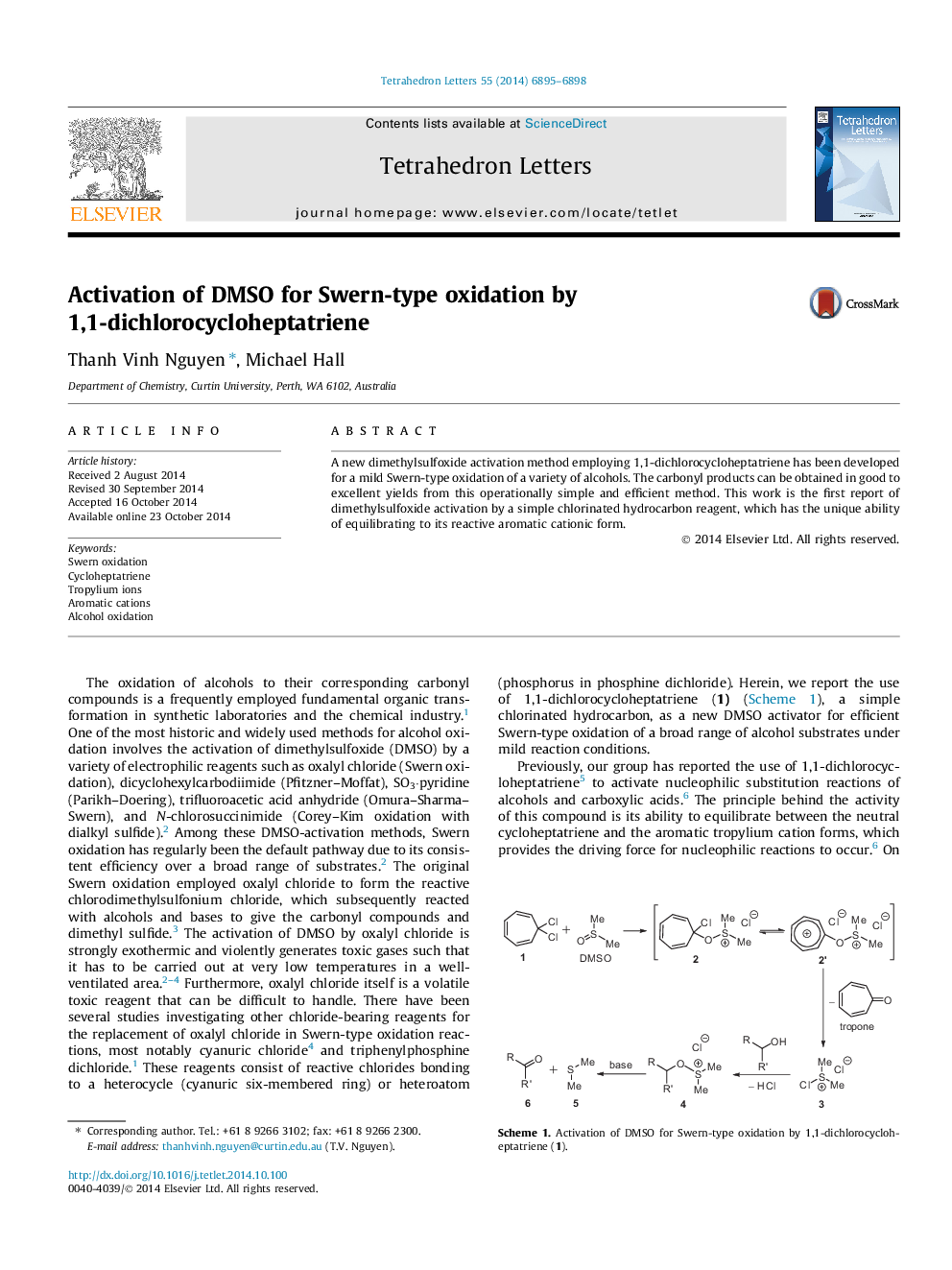 Activation of DMSO for Swern-type oxidation by 1,1-dichlorocycloheptatriene