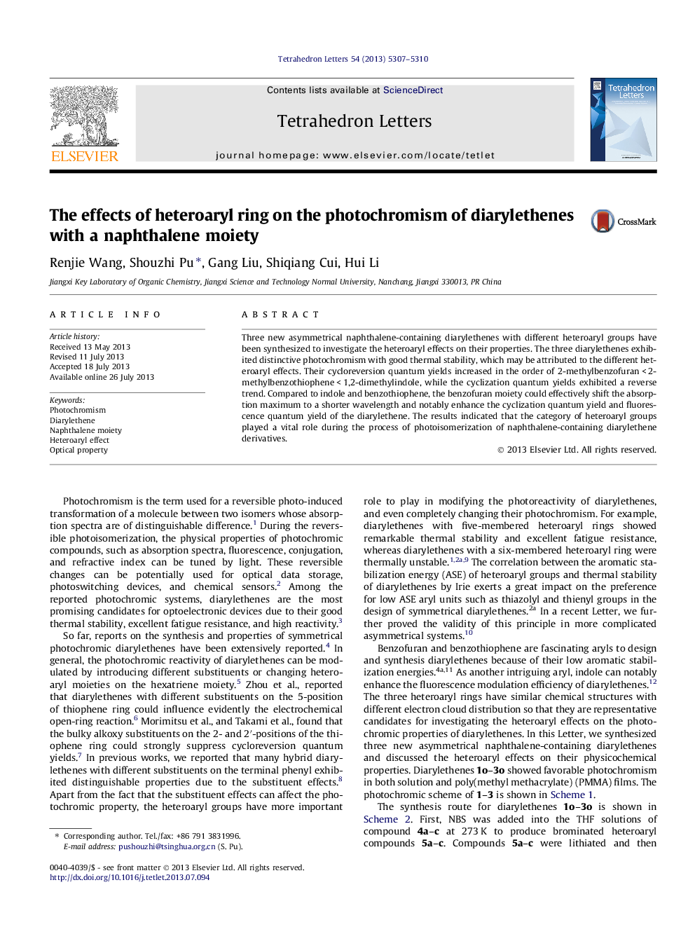 The effects of heteroaryl ring on the photochromism of diarylethenes with a naphthalene moiety