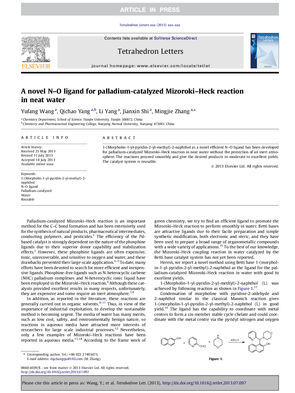 A novel N-O ligand for palladium-catalyzed Mizoroki-Heck reaction in neat water