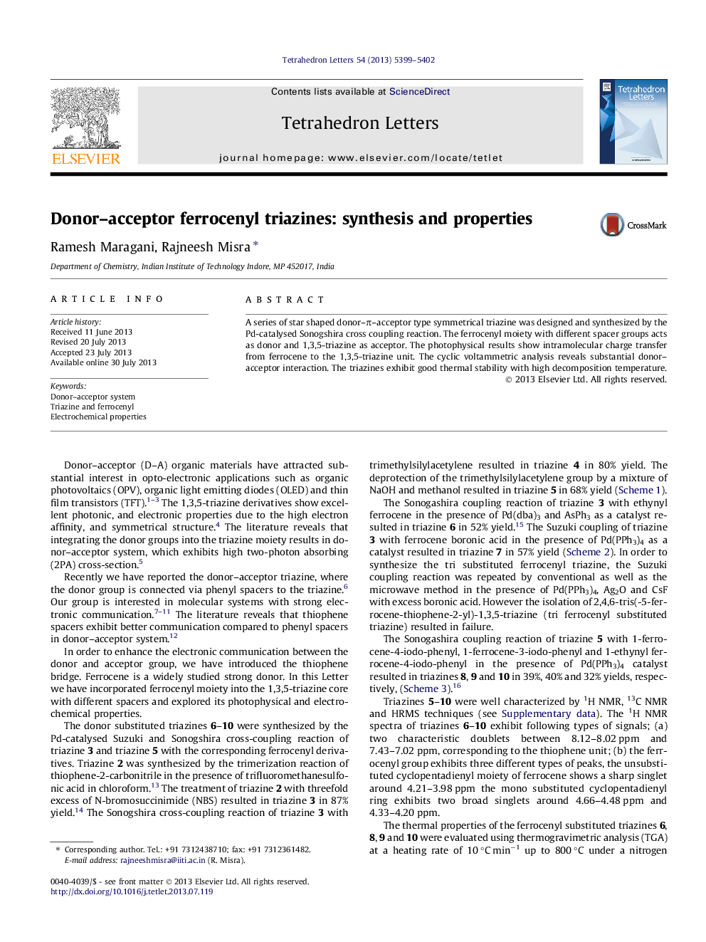 Donor-acceptor ferrocenyl triazines: synthesis and properties